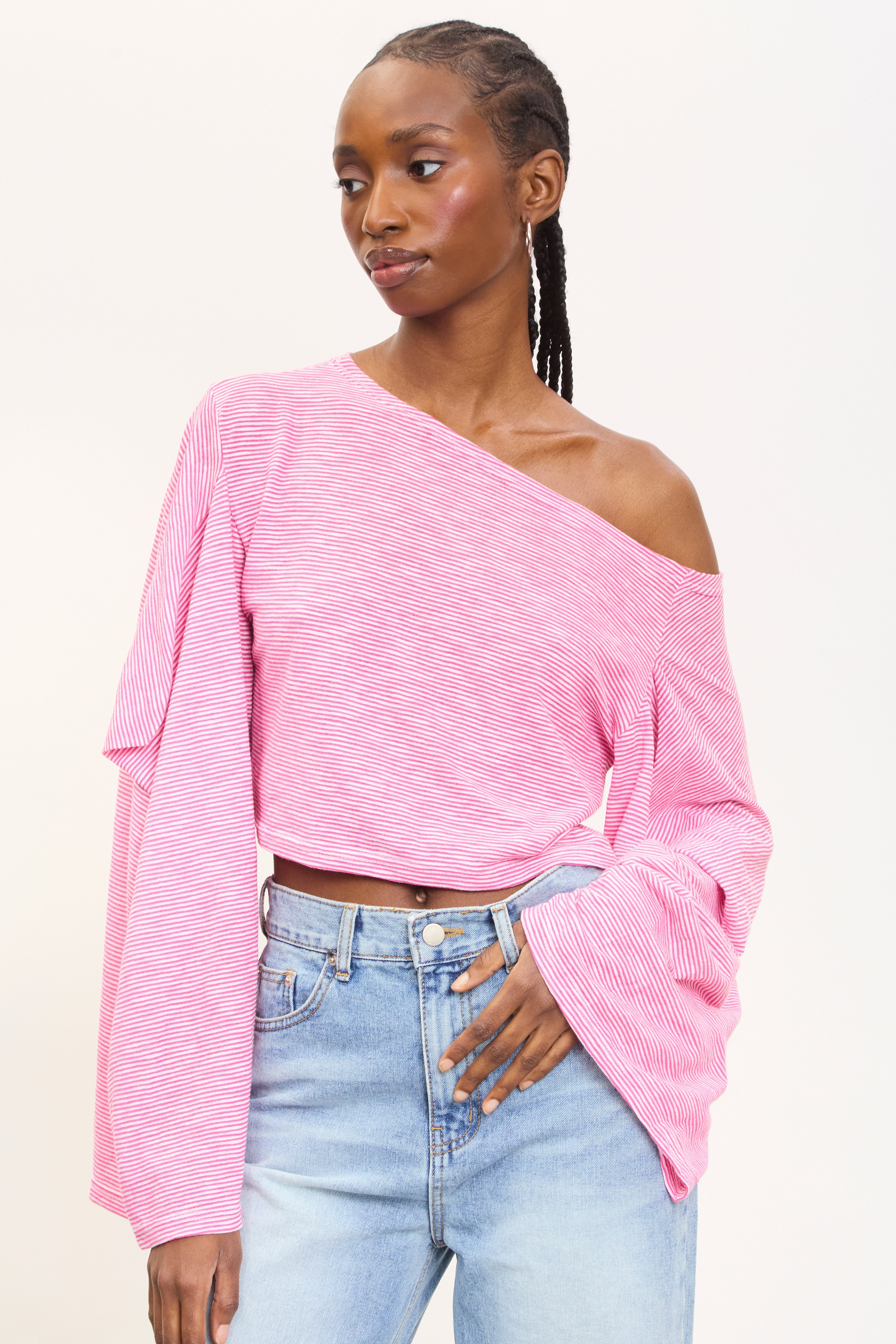 Pink and ivory striped off shoulder slouchy top_1