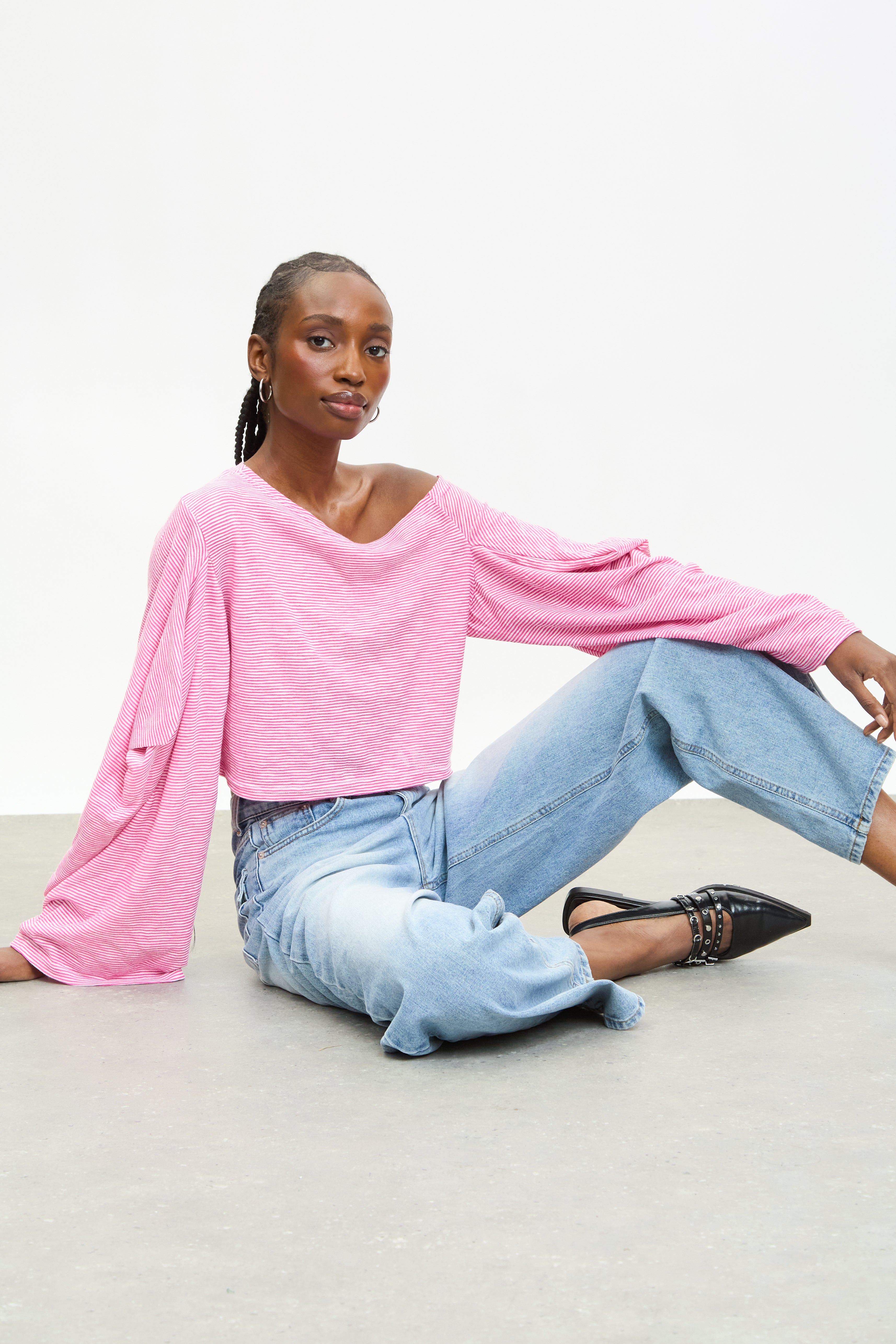 Pink and ivory striped off shoulder slouchy top_5