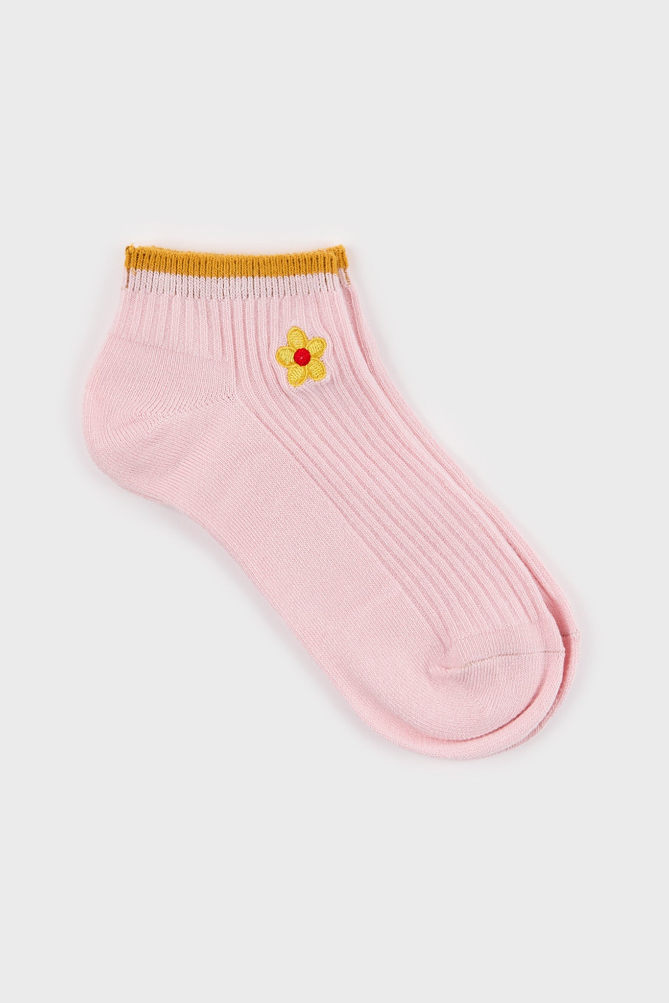Pink and tiny yellow embroidered flower short socks_1