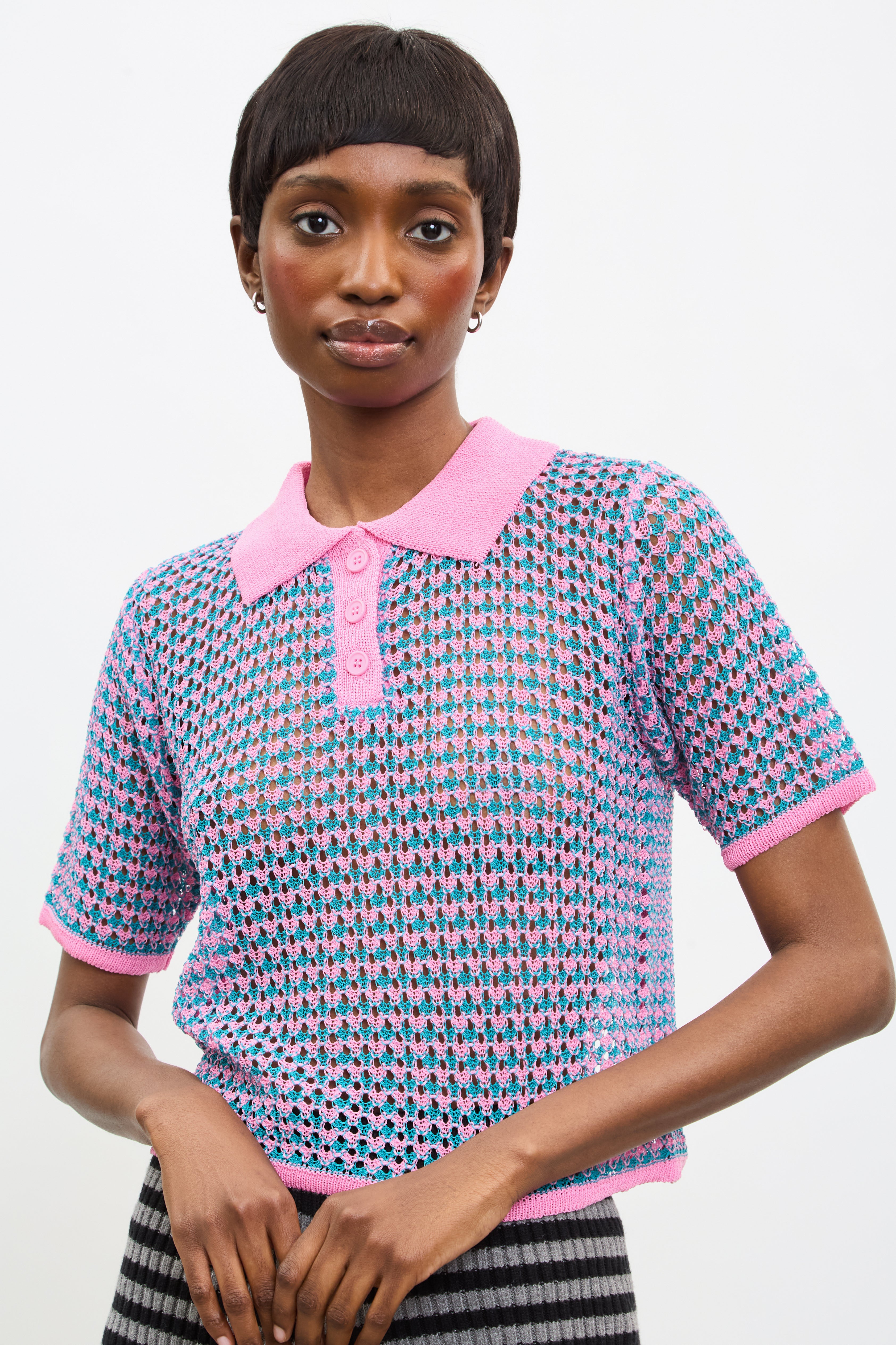 Pink and turquoise mix knit polo_1