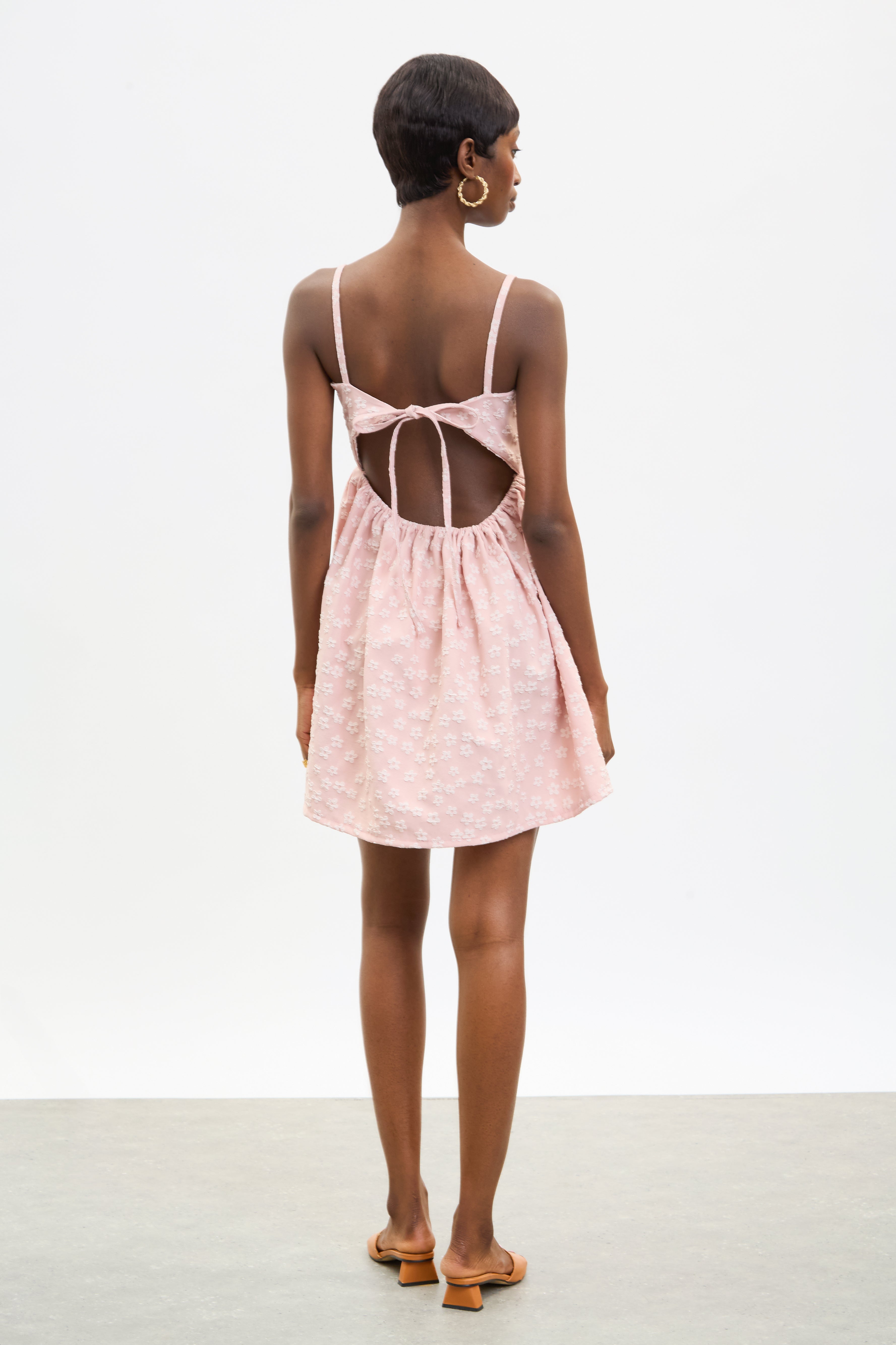 Pink and white raised flower tie back mini dress_2