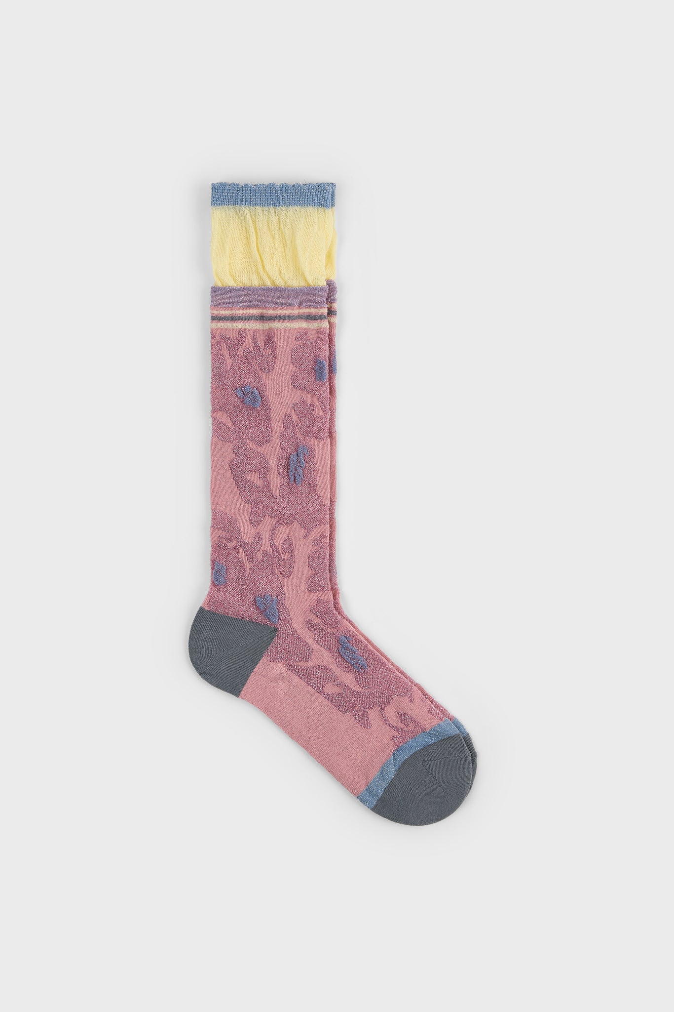 Pink metallic floral grey heeled varsity trim cuffed socks_1