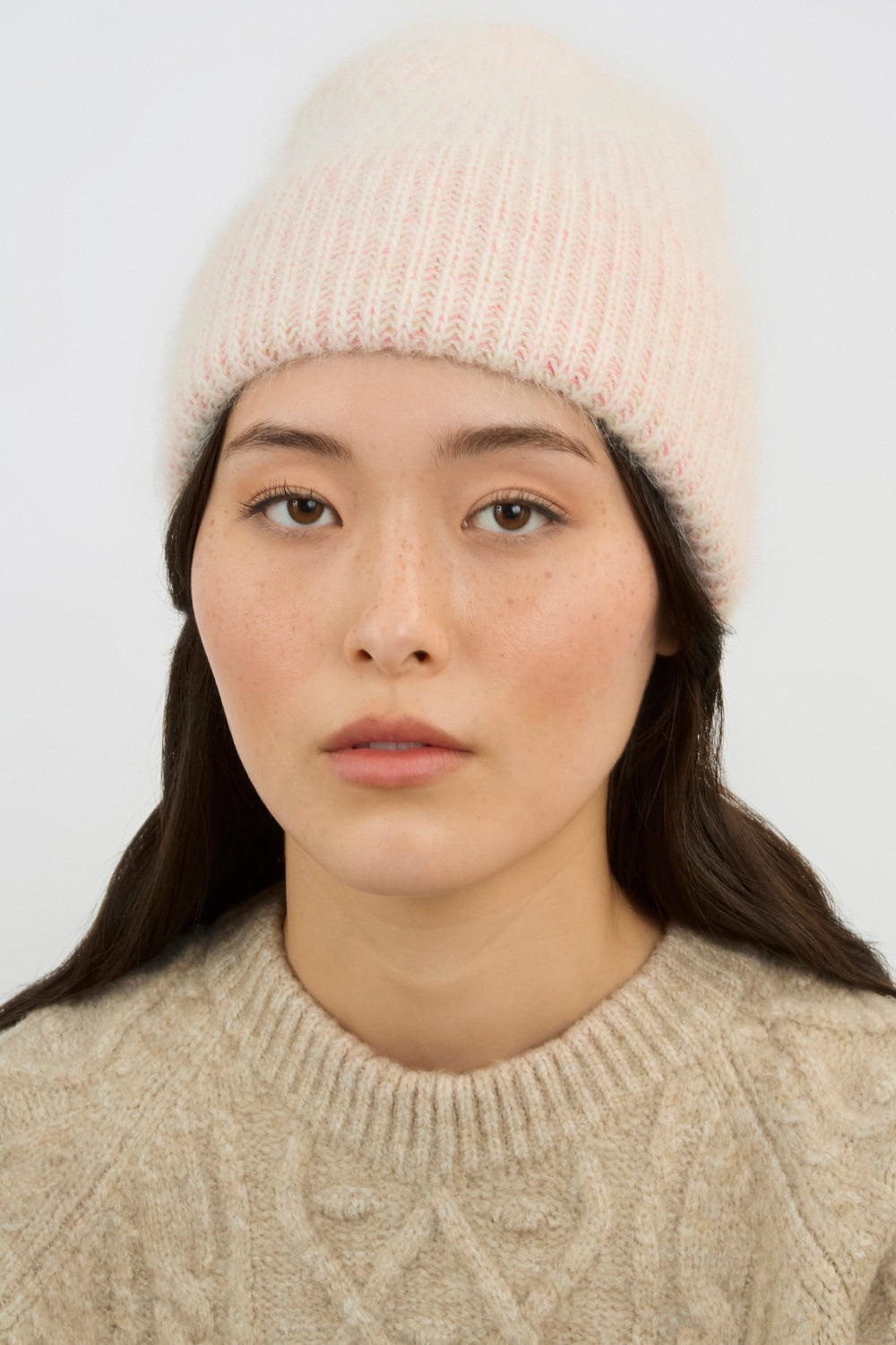 Pale orange ribbed angora blend beanie hat_1