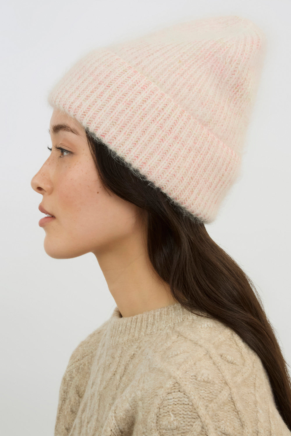 Pale orange ribbed angora blend beanie hat_2