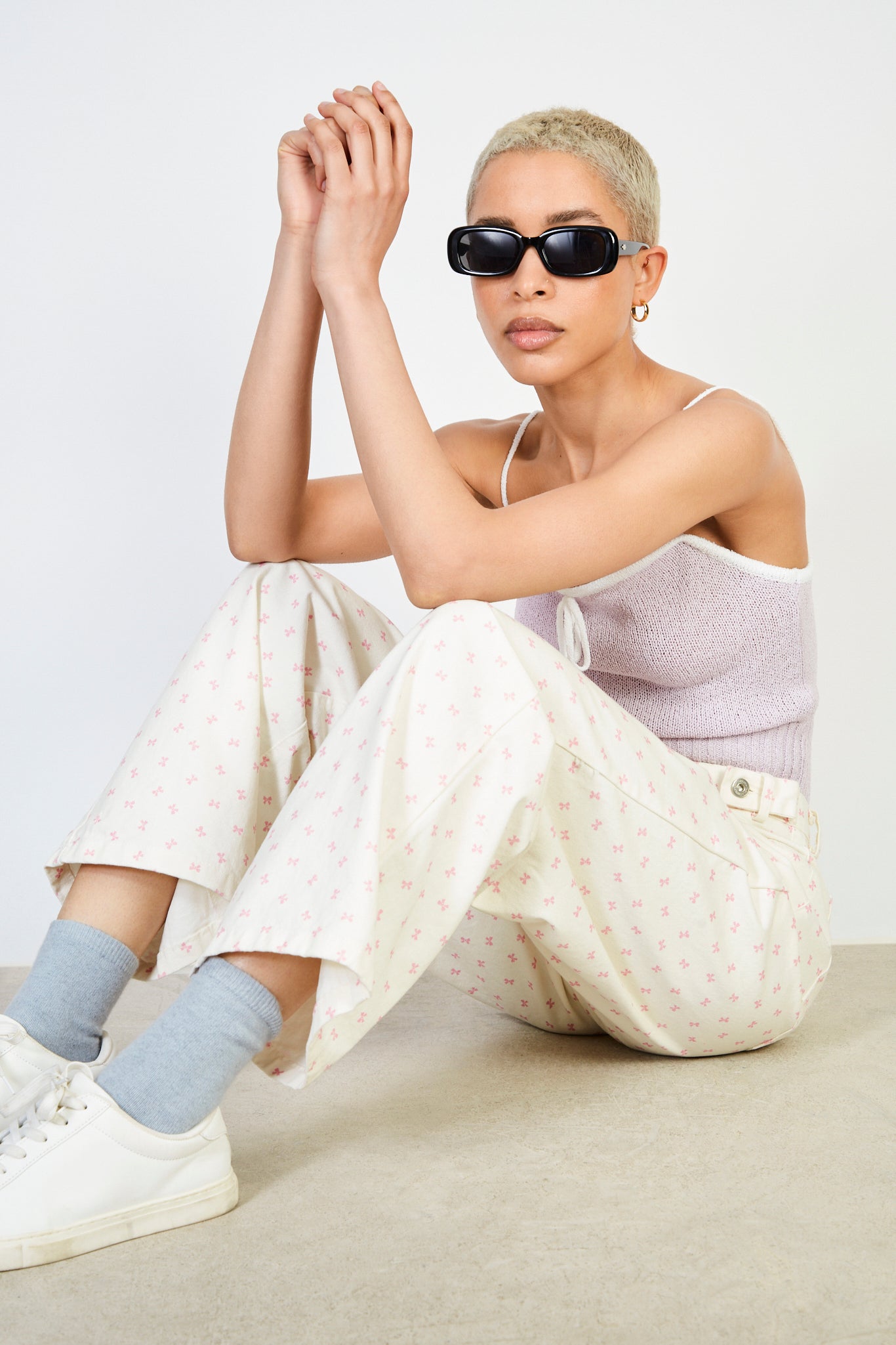 Pink ribbon bown print double button jeans_5