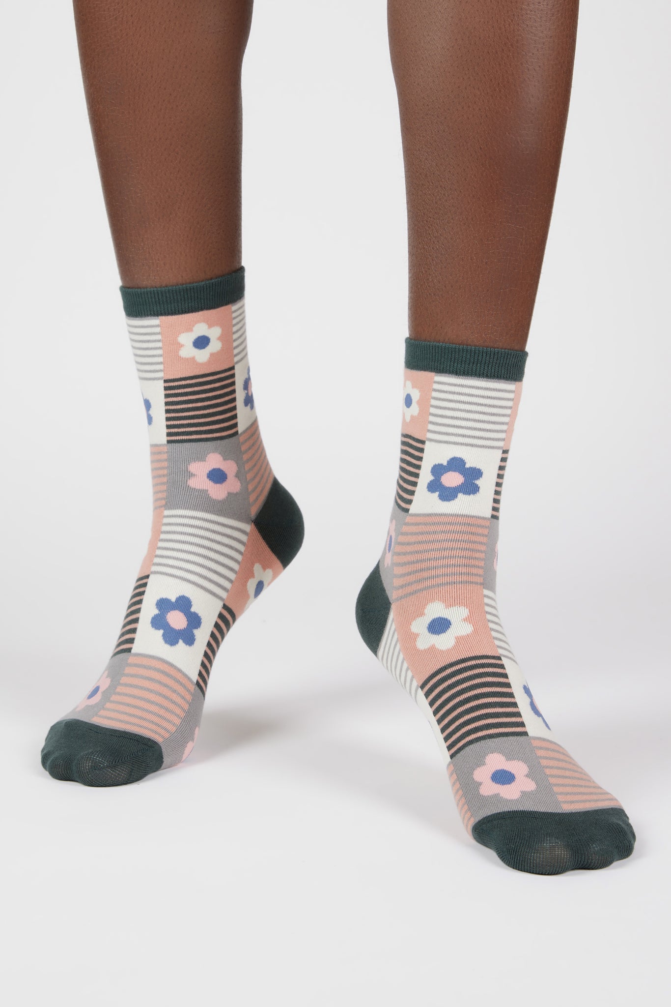 Pink and green floral striped check socks_4