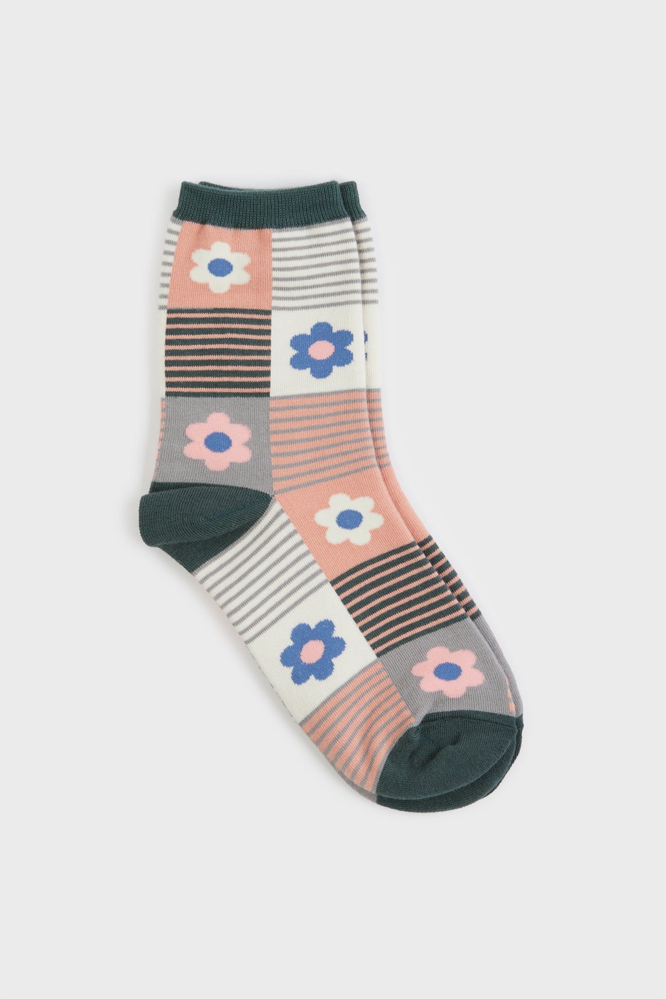 Pink and green floral striped check socks_2