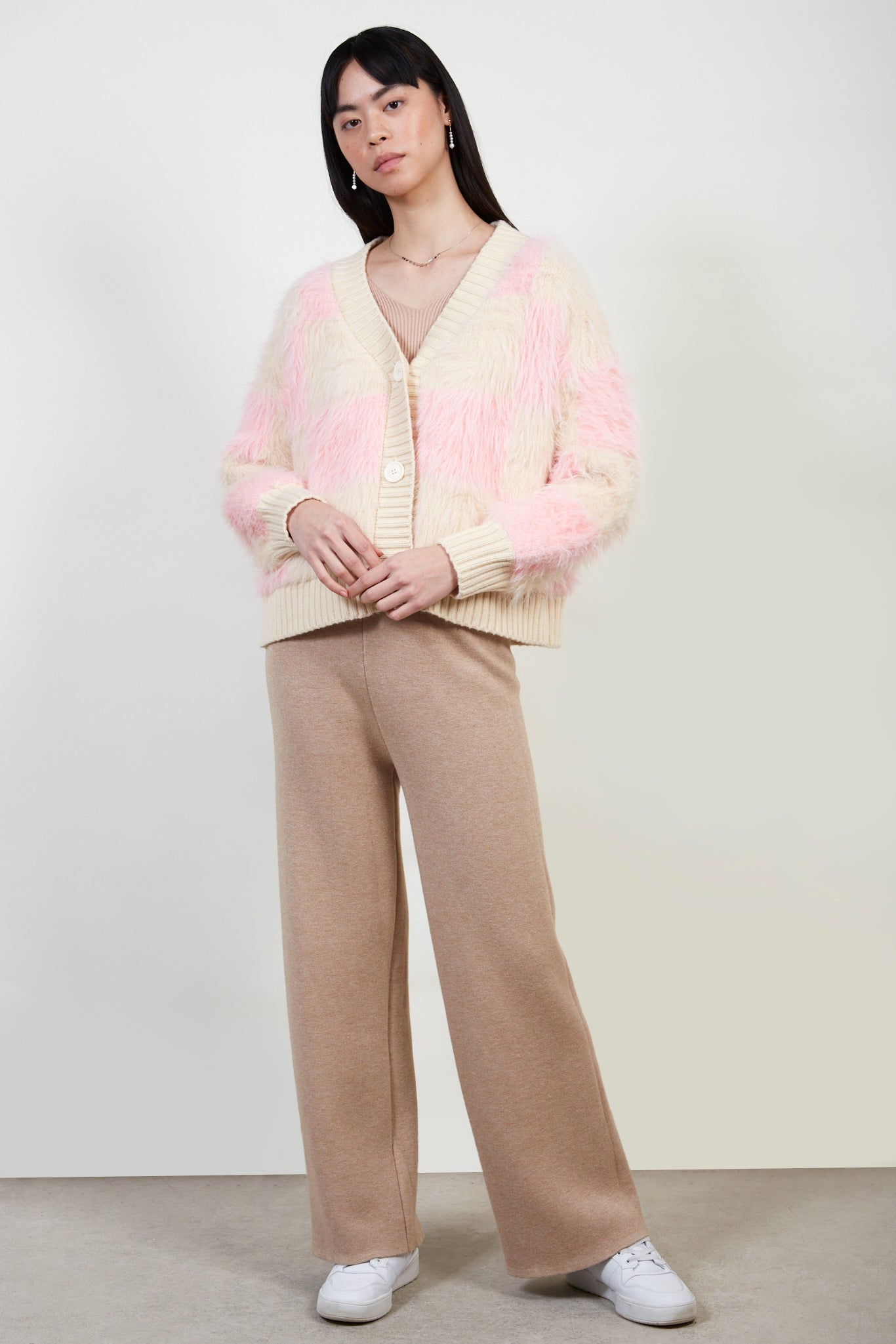 Pink and ivory block check fuzzy cardigan_2