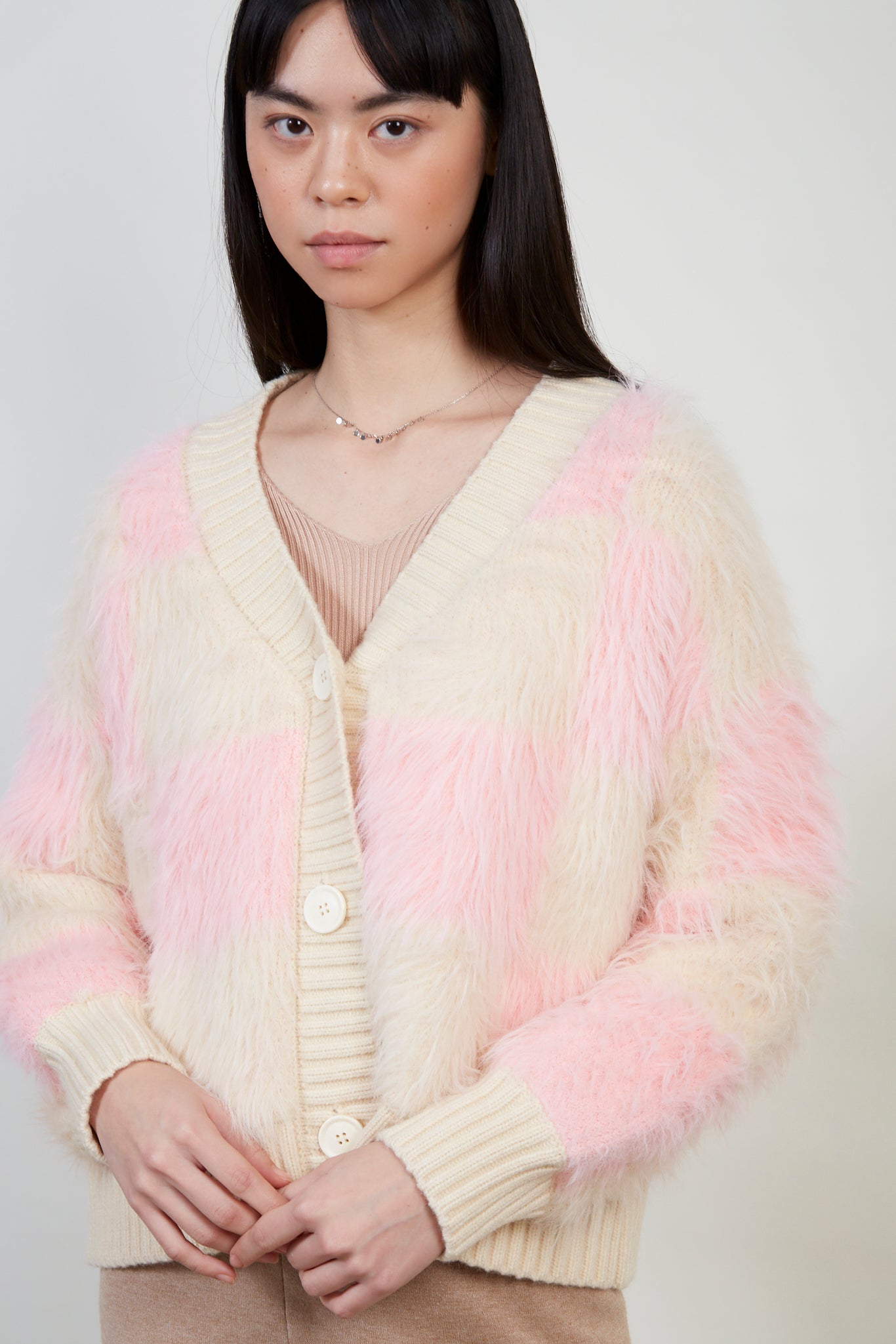 Pink and ivory block check fuzzy cardigan_1