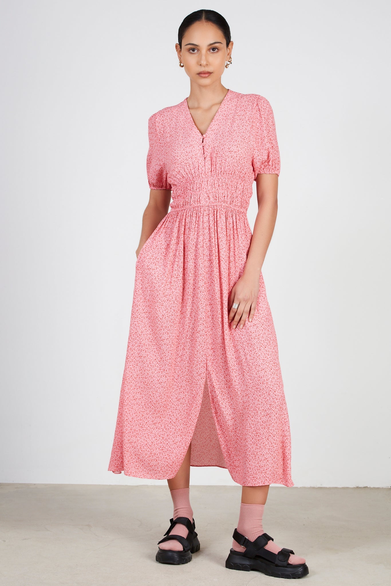 Pink and red floral print smock waist midi dress_1