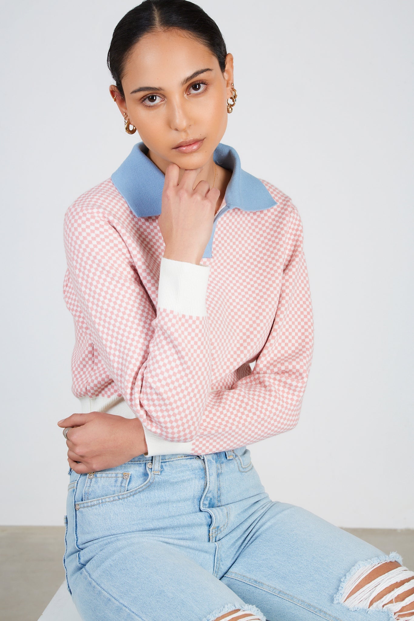 Pink box check contrast collar jumper_4