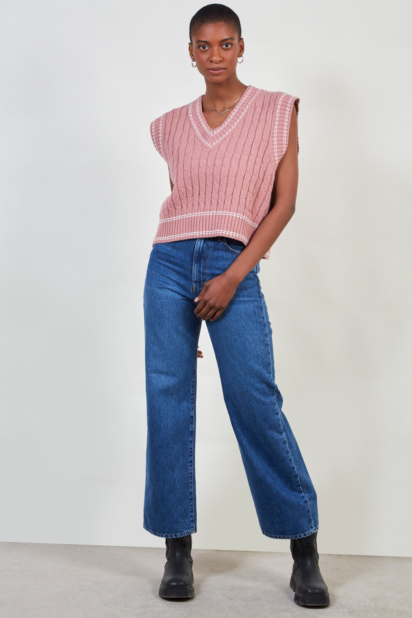 Pink dotted varsity trim sweater vest_1