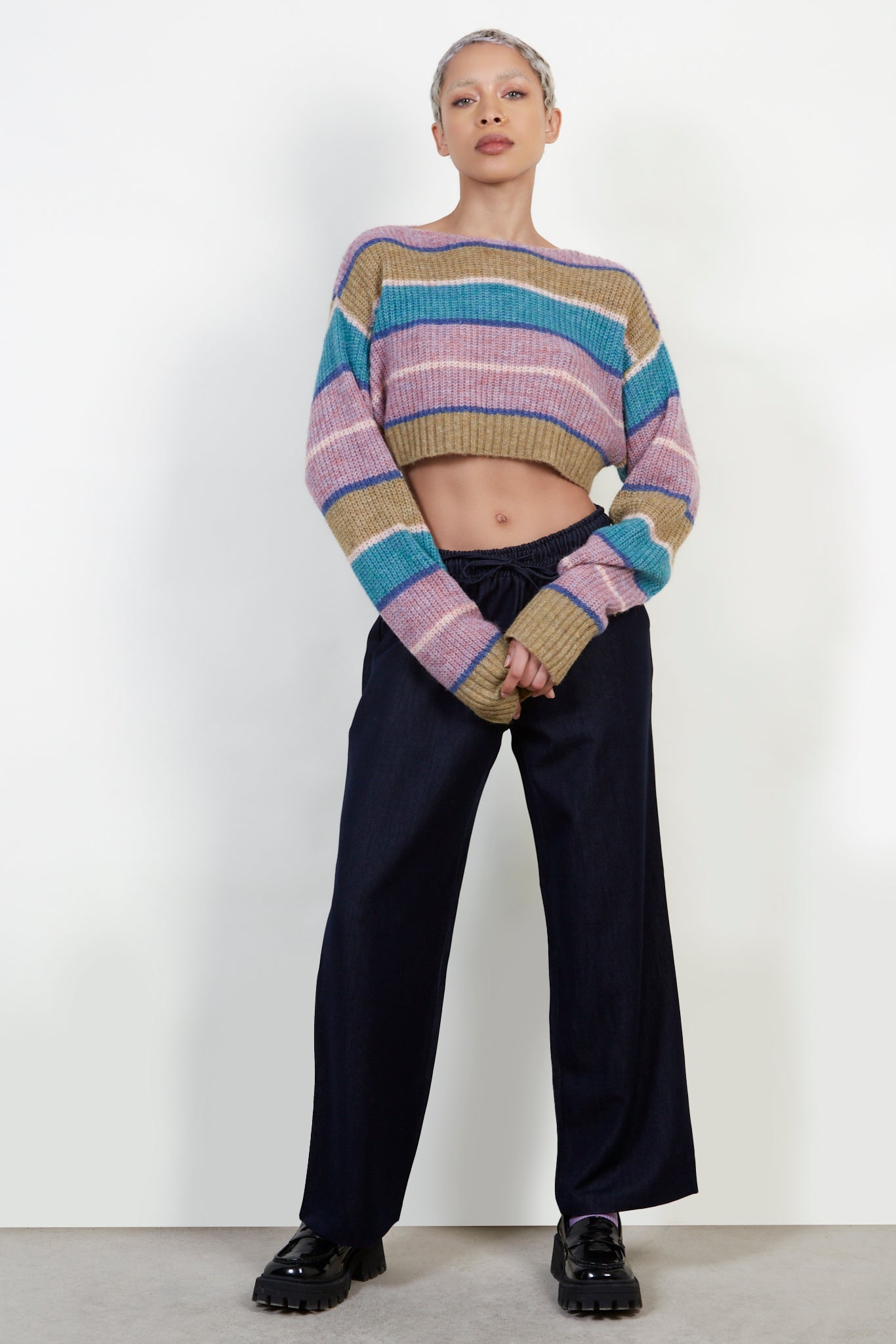 Pink multicolour block striped cropped jumper_2