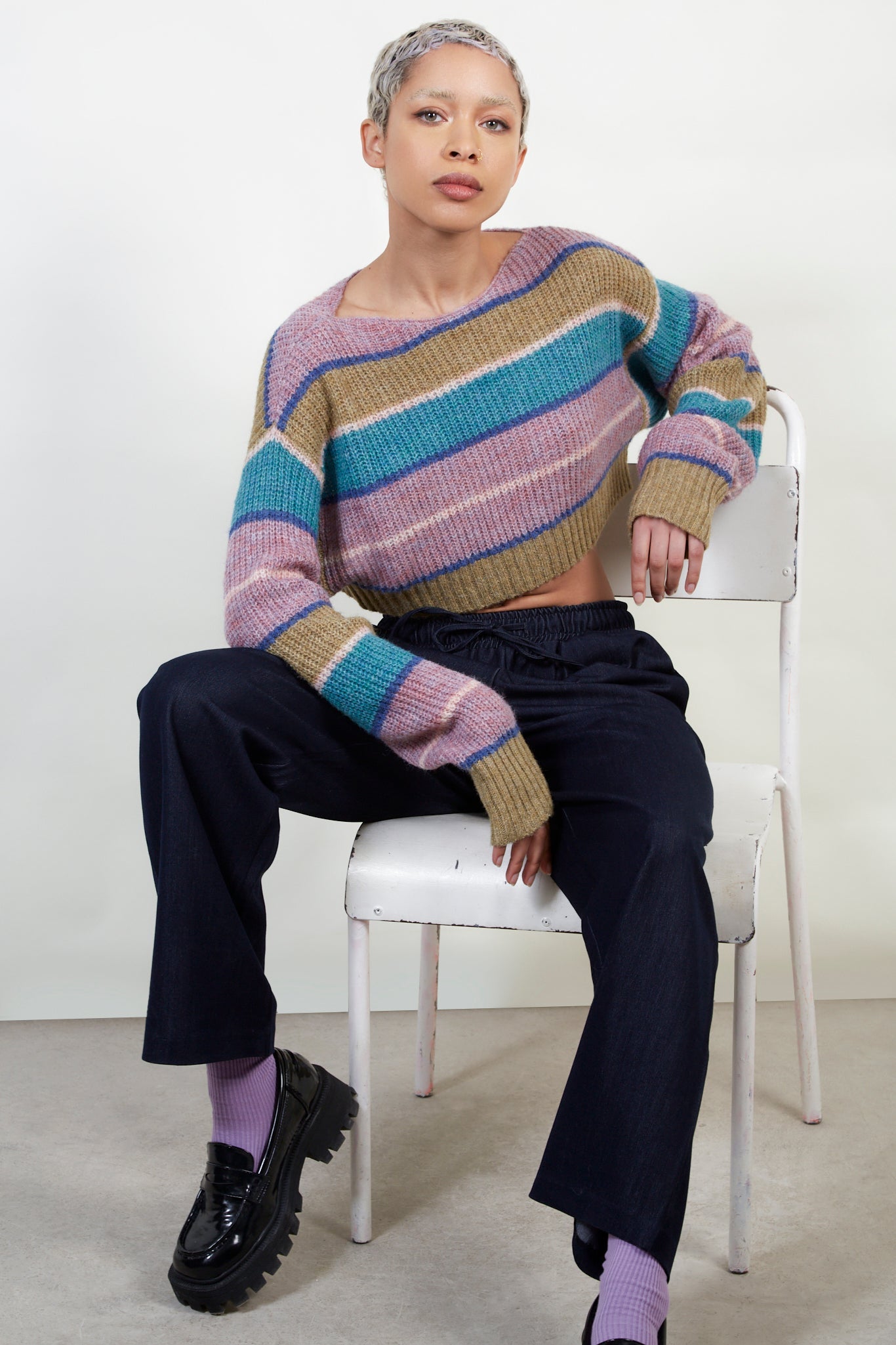 Pink multicolour block striped cropped jumper_5