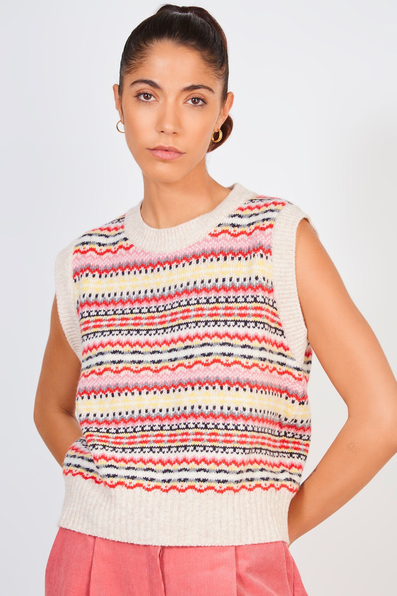 Pink red and yellow wool blend sweater vest_1