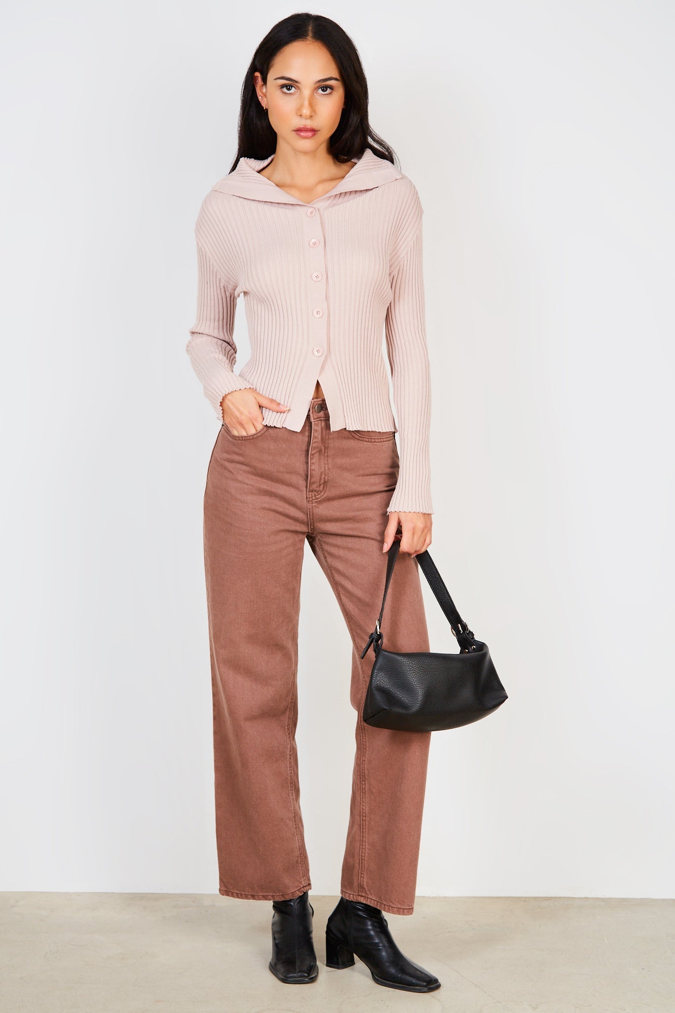 Pink ribbed button front off shoulder jumper_4