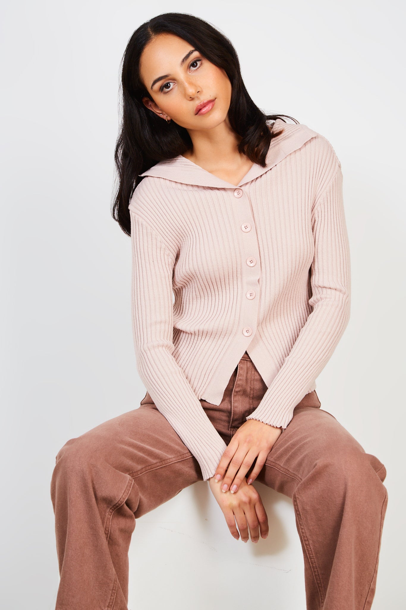 Pink ribbed button front off shoulder jumper_1