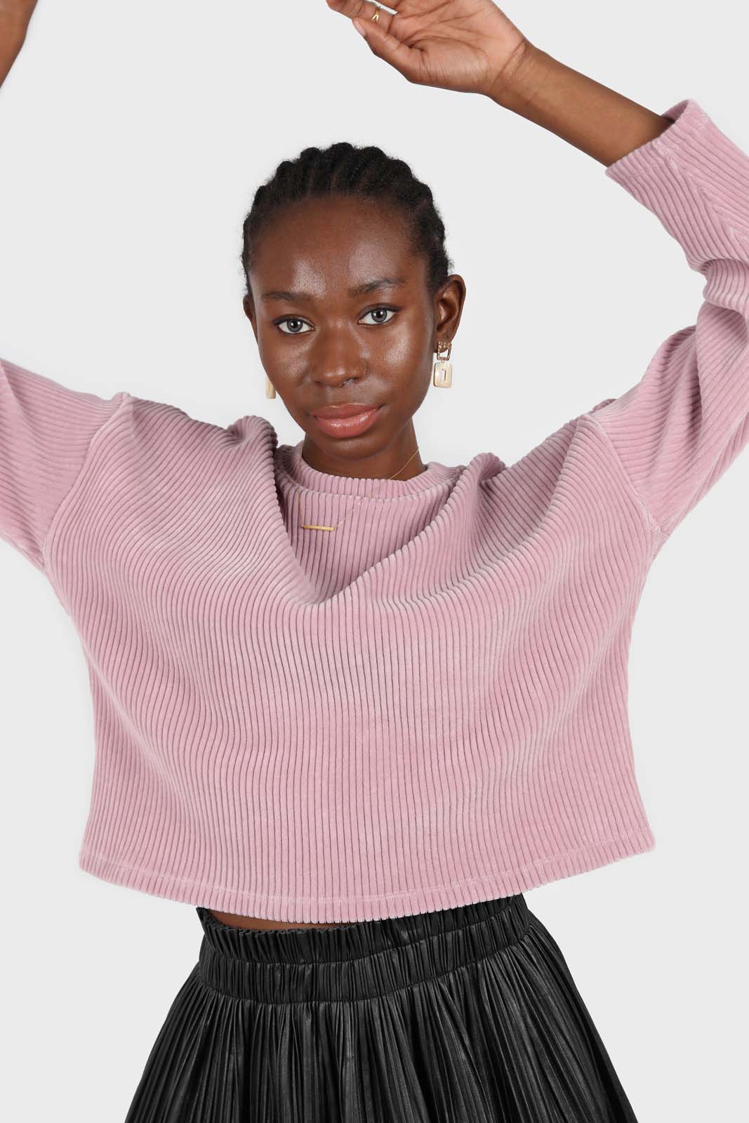 Pink ribbed velvet long sleeved top_5