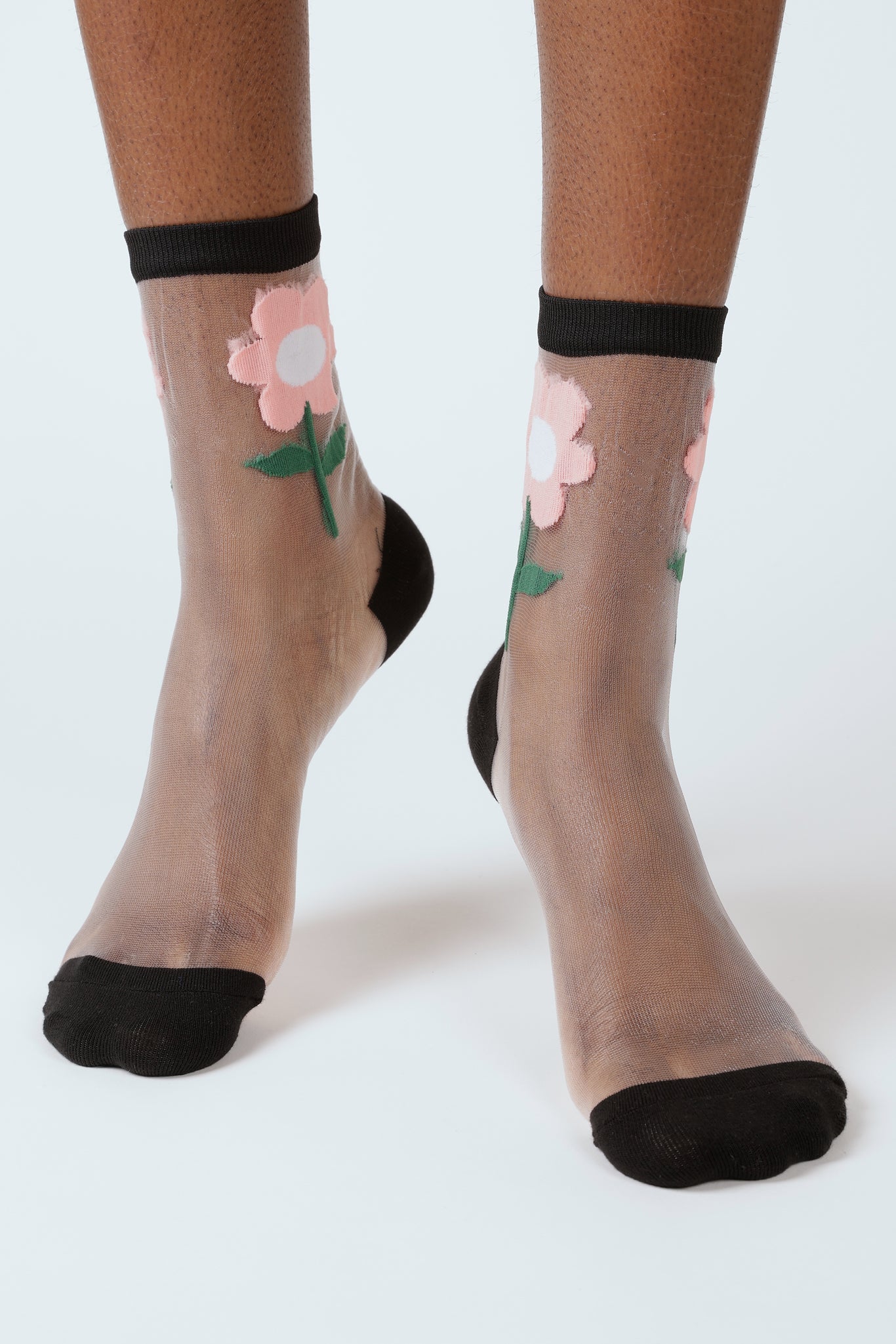 Pink sheer giant daisy black trim socks_4