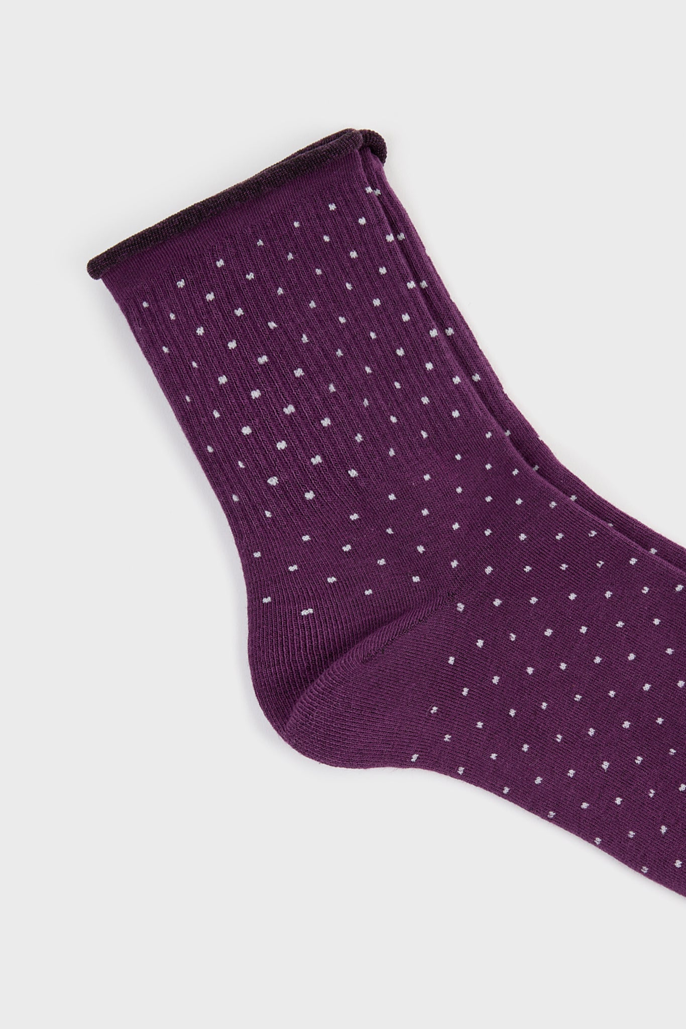Purple and white polka dot roll trim socks_4