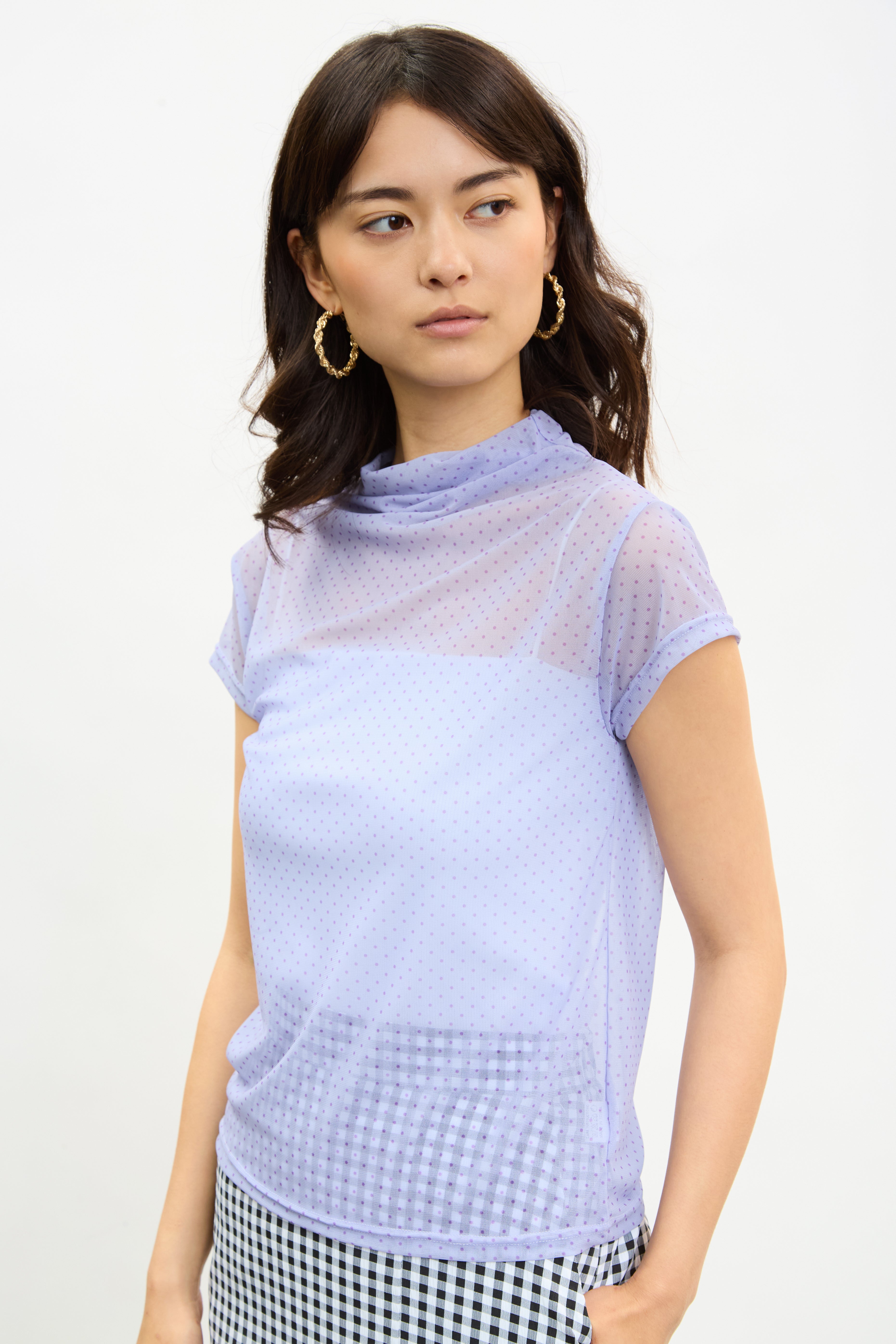 Purple polka dot sheer short sleeve top_1