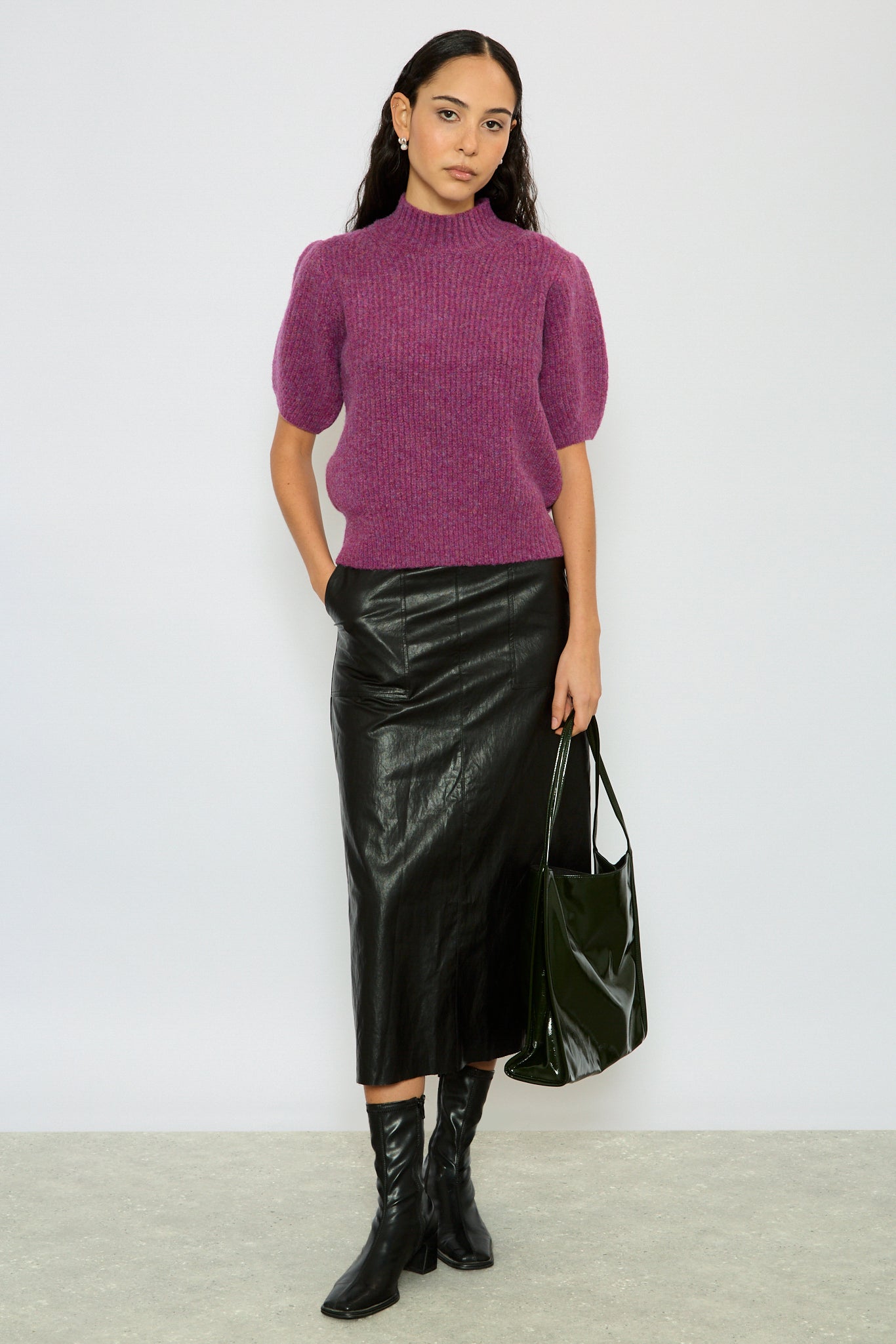 Purple wool blend puff sleeve knit top_5