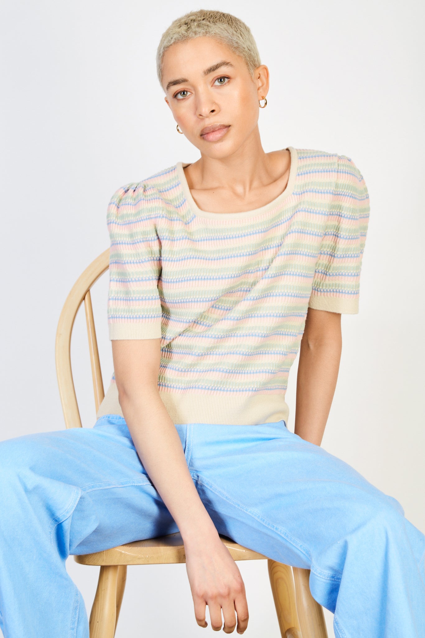 Rainbow stripe square knit tee_1