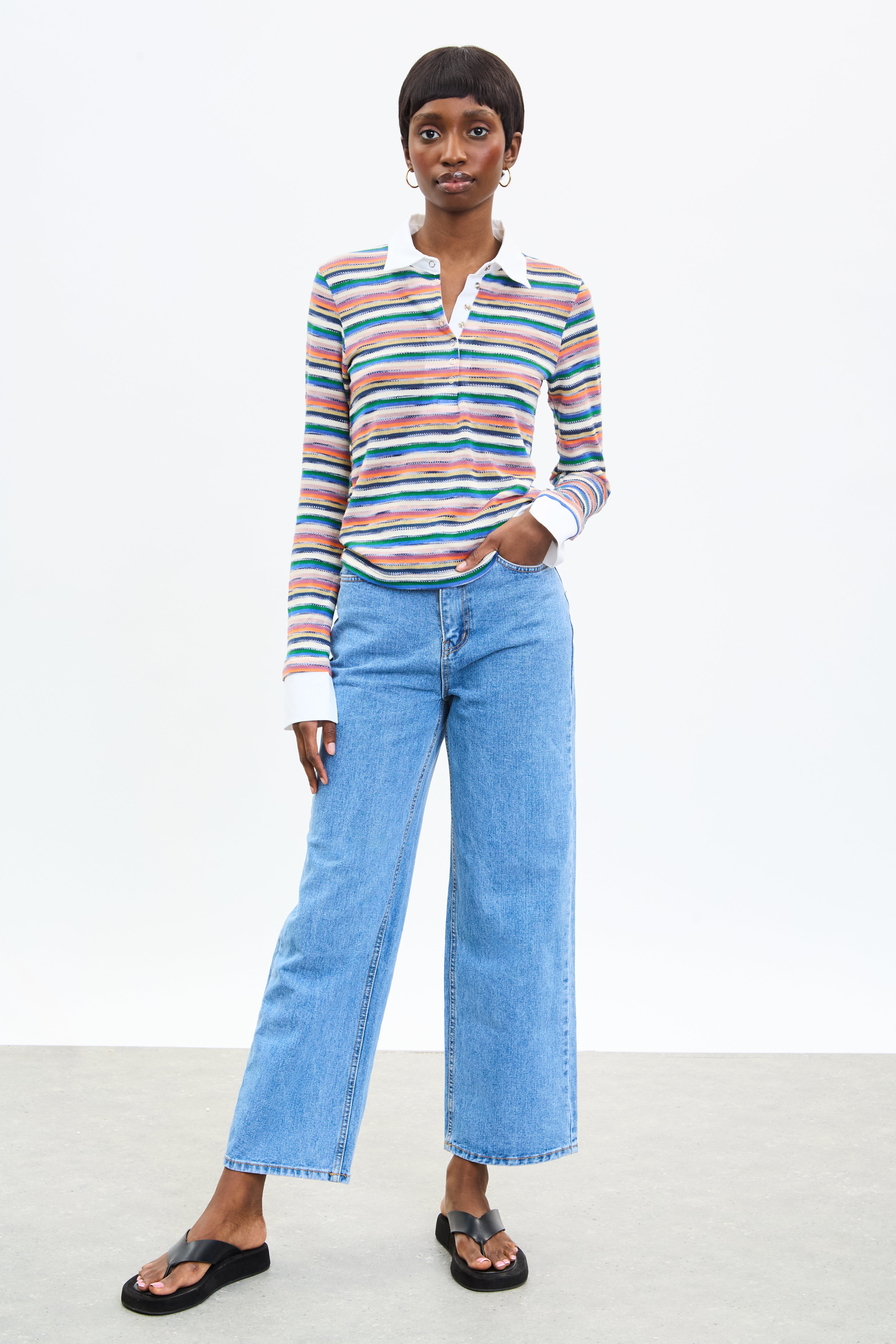 Rainbow striped white collar polo top_4