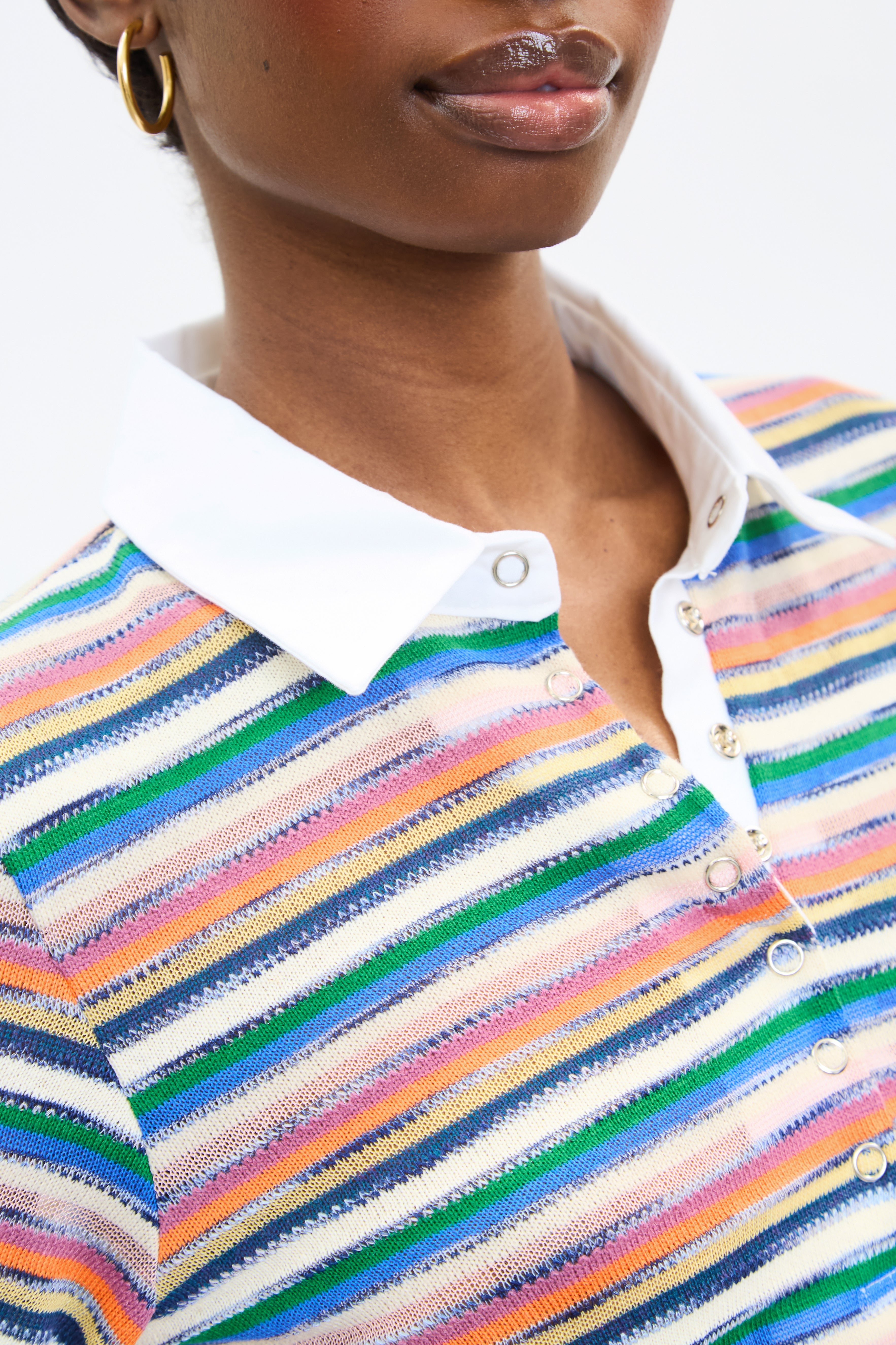 Rainbow striped white collar polo top_3