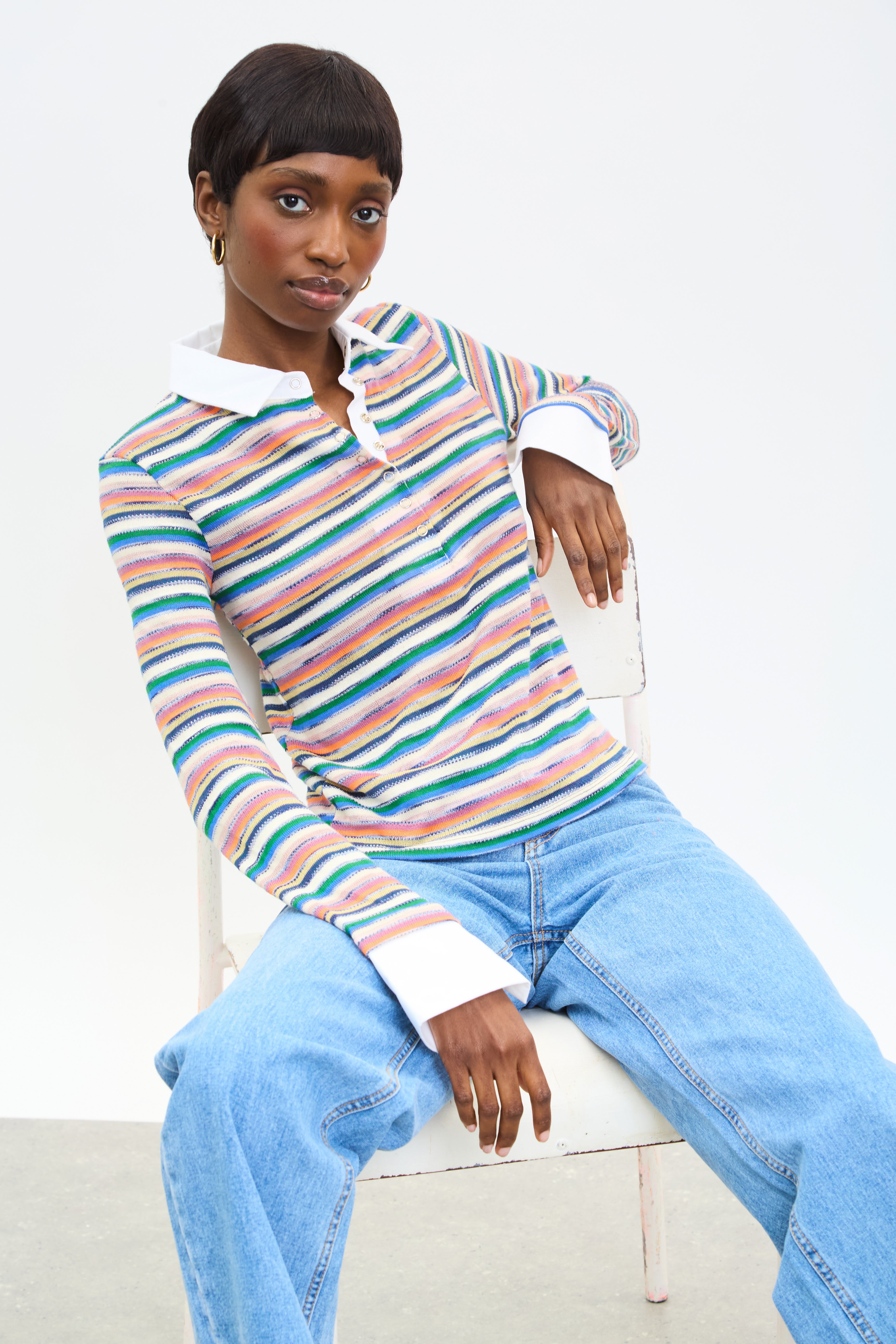 Rainbow striped white collar polo top_5
