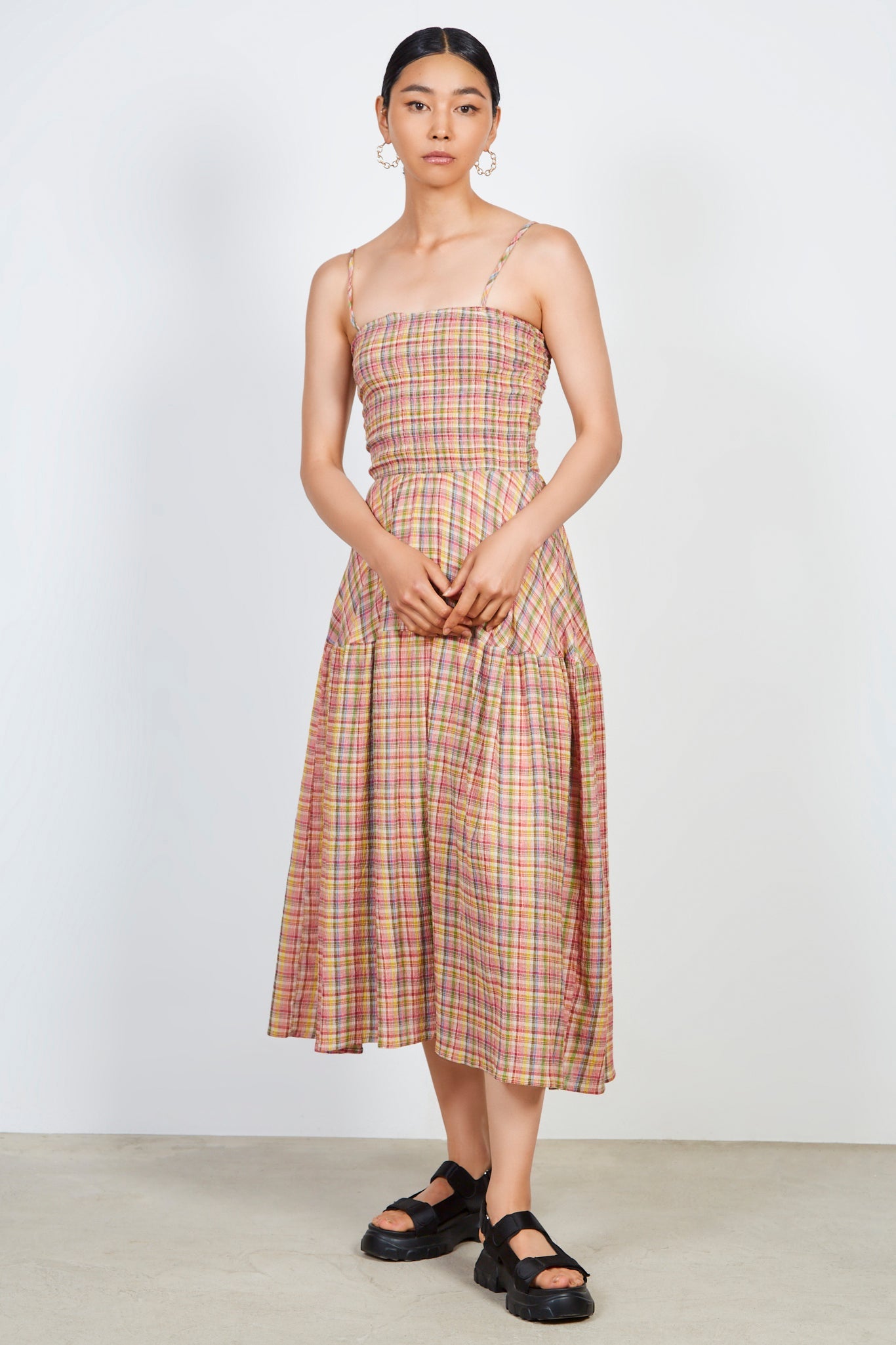 Rainbow check tiered midi dress_1