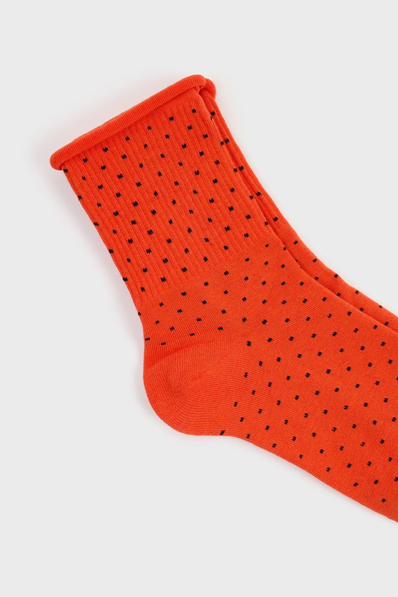Red-orange and black polka dot roll trim socks_4