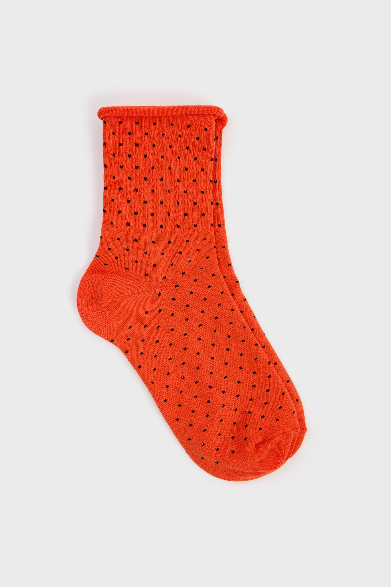 Red-orange and black polka dot roll trim socks_3