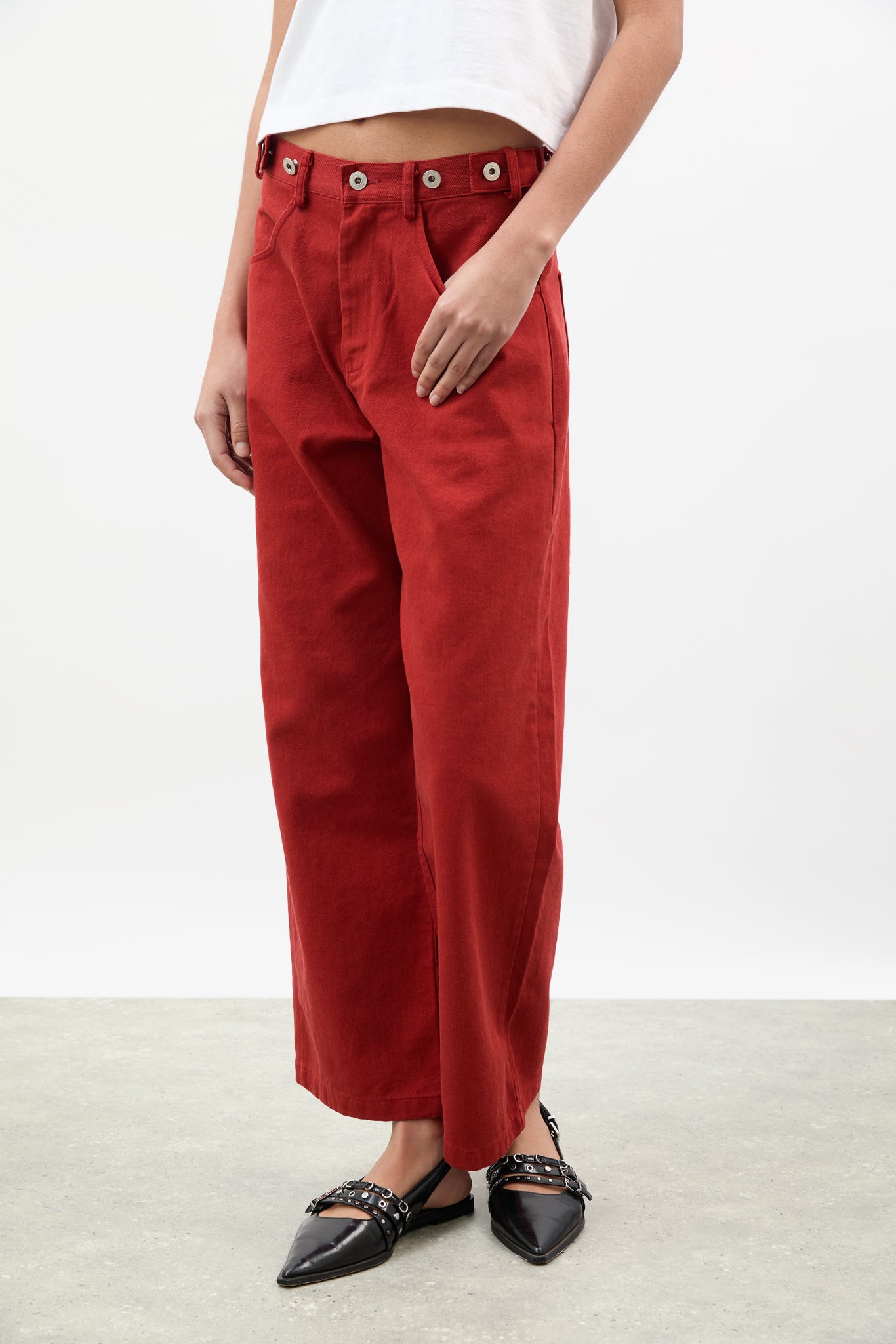Red adjustable waist double button jeans_1