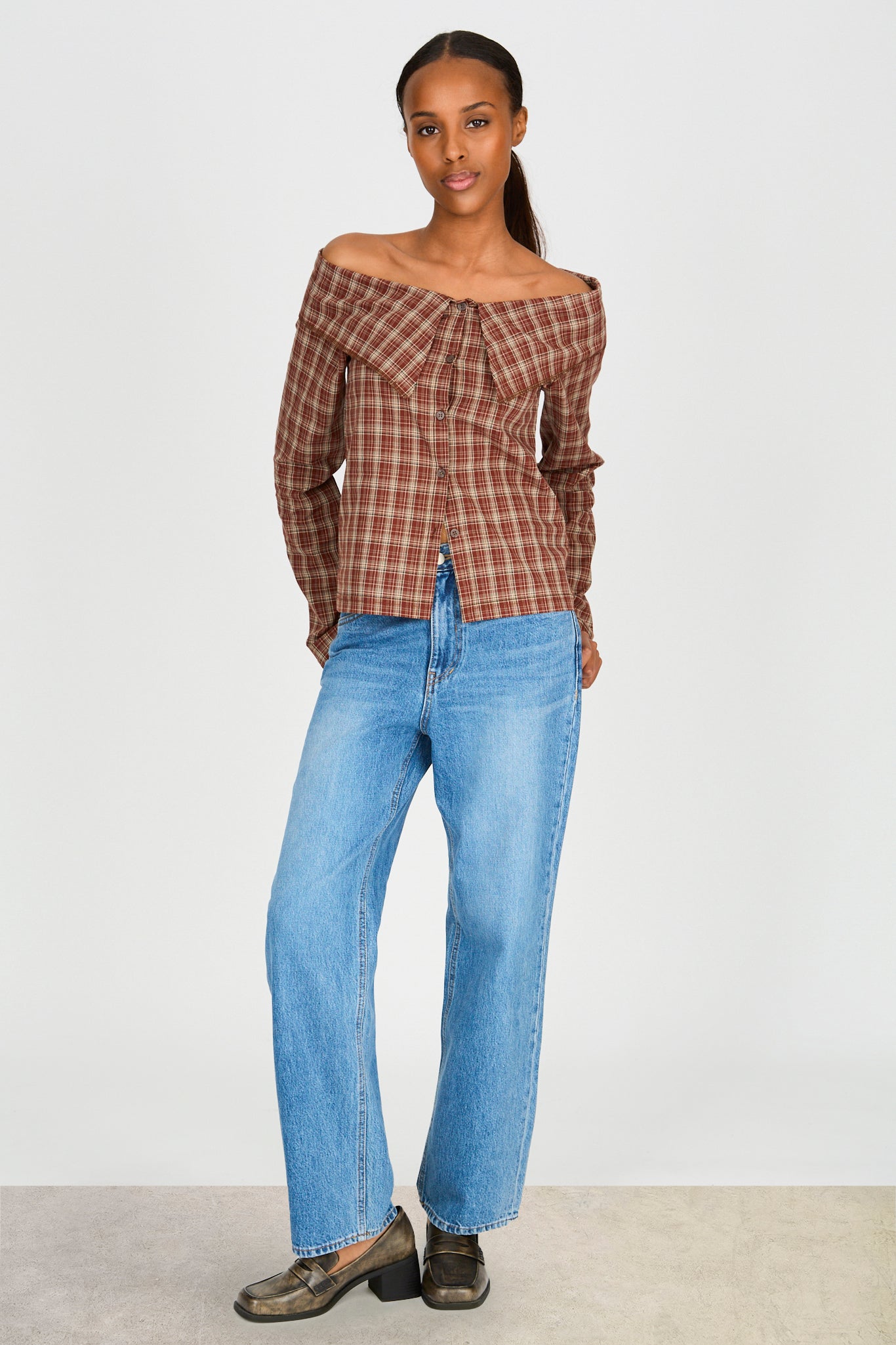 Red and gray plaid large collar off shoulder shirt blouse_4