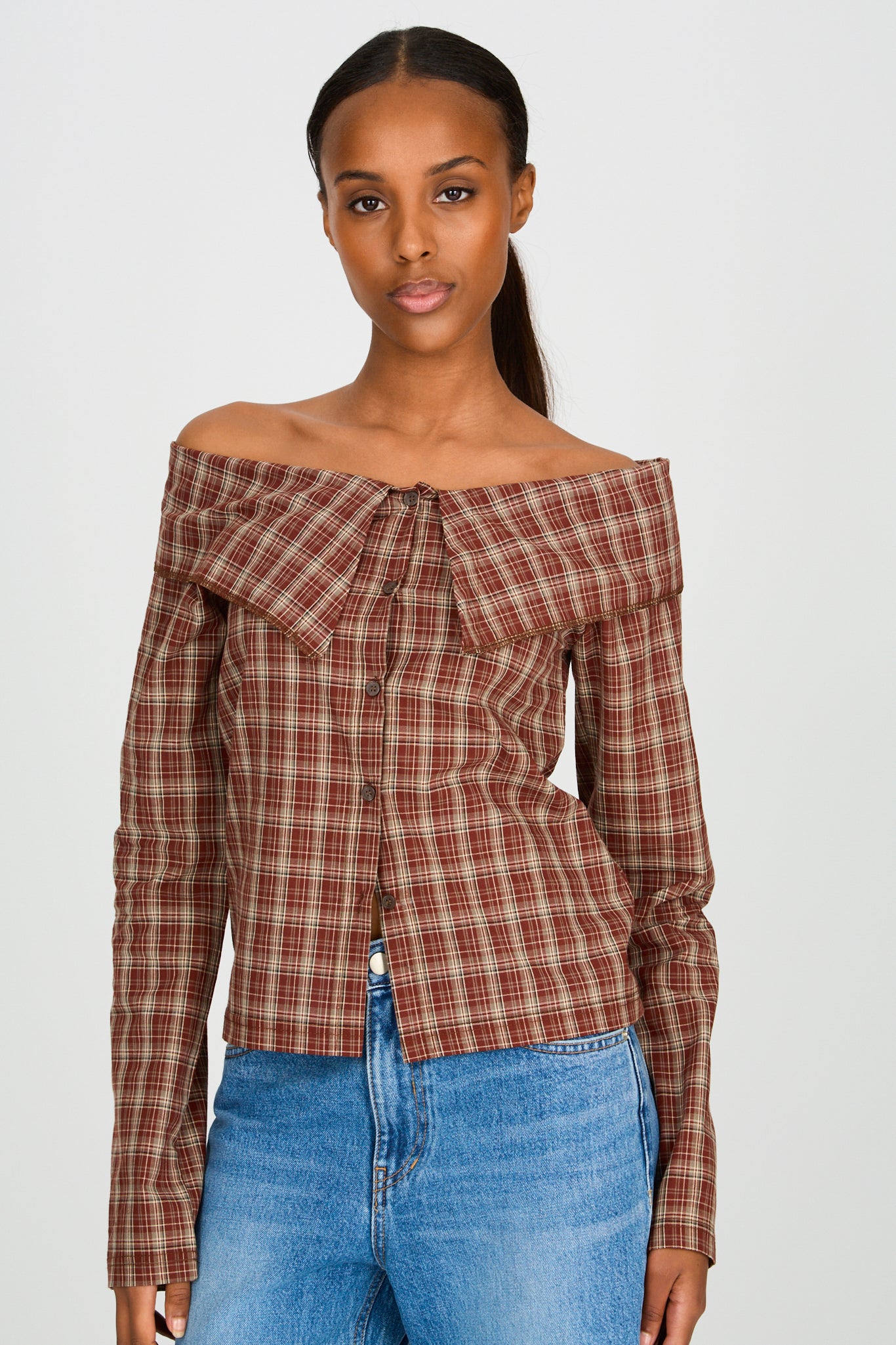 Red and gray plaid large collar off shoulder shirt blouse_1