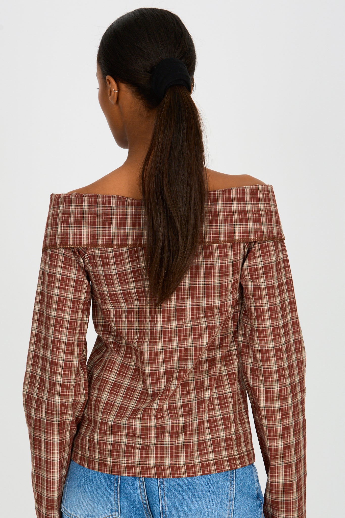Red and gray plaid large collar off shoulder shirt blouse_2