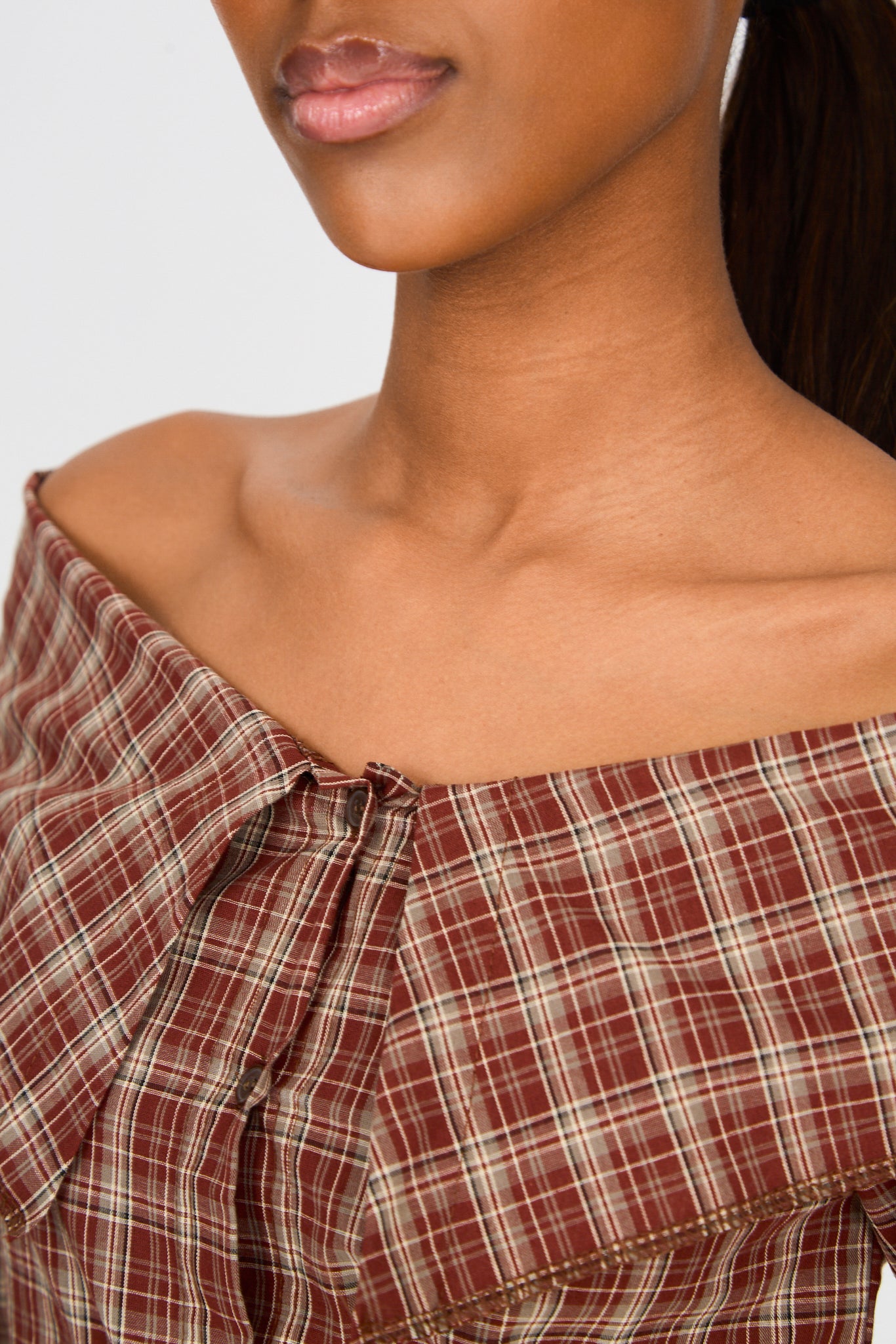 Red and gray plaid large collar off shoulder shirt blouse_3