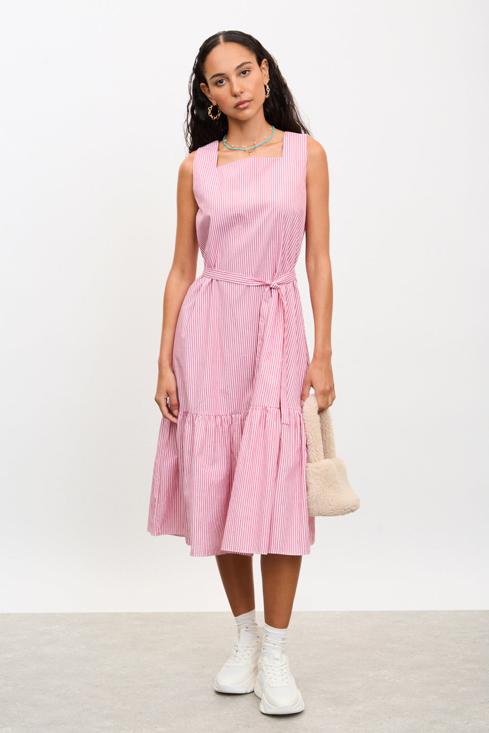 Red and ivory striped square neck dress_1