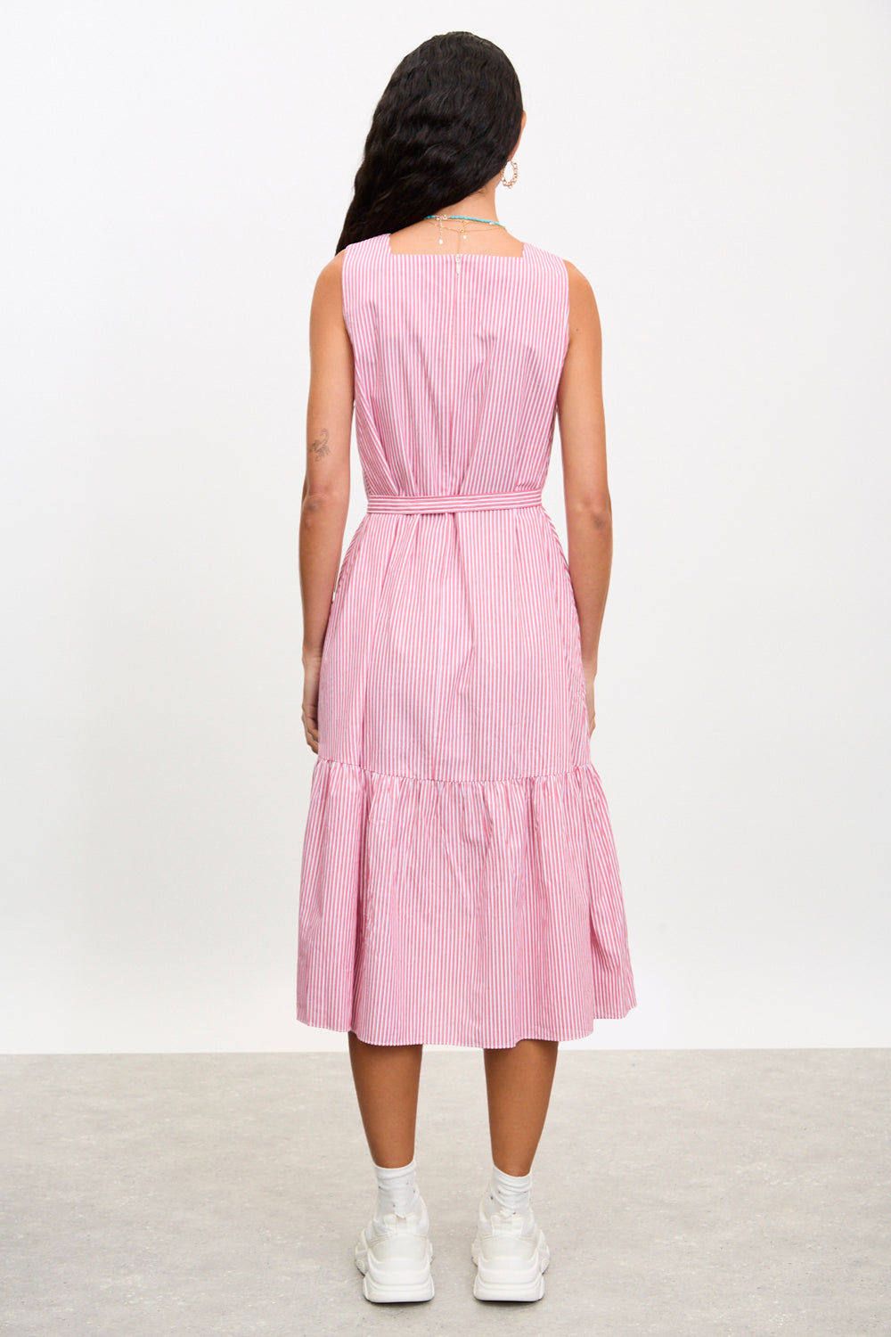 Red and ivory striped square neck dress_2