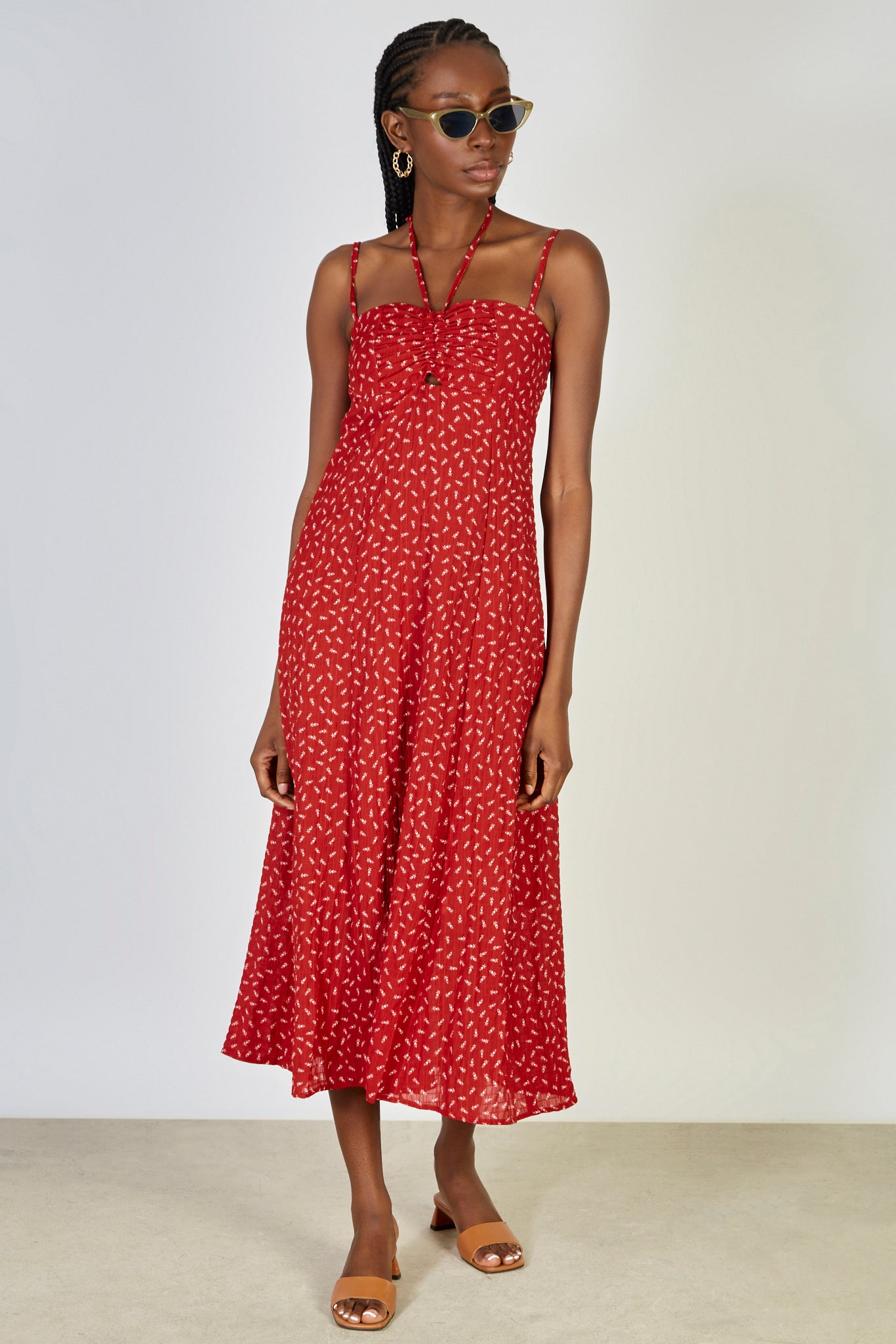 Red and white floral print pull bodice maxi dress_1