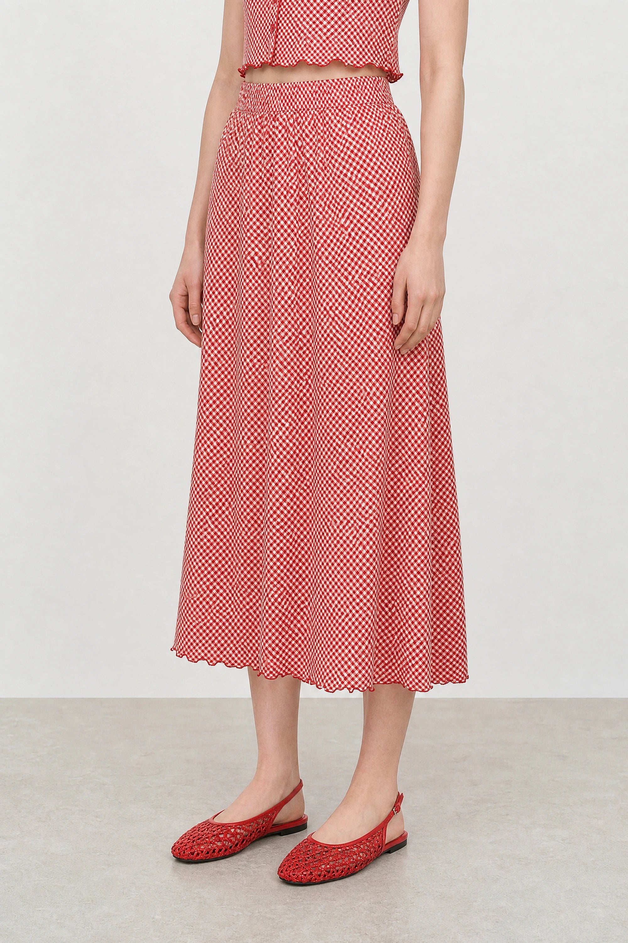Red and white gingham lettuce trim pencil skirt_1