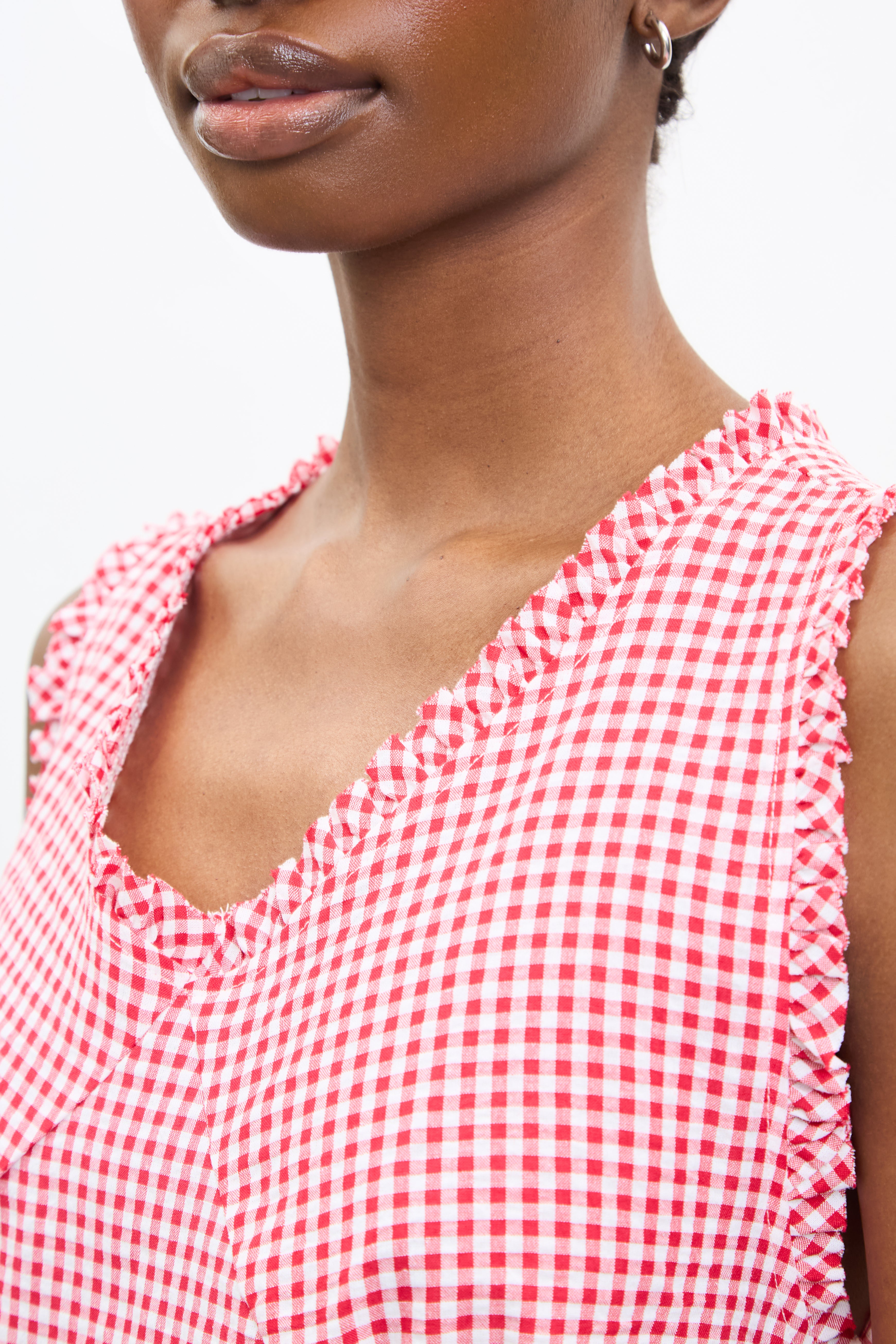 Red and ivory gingham ruffle trim mini dress_4