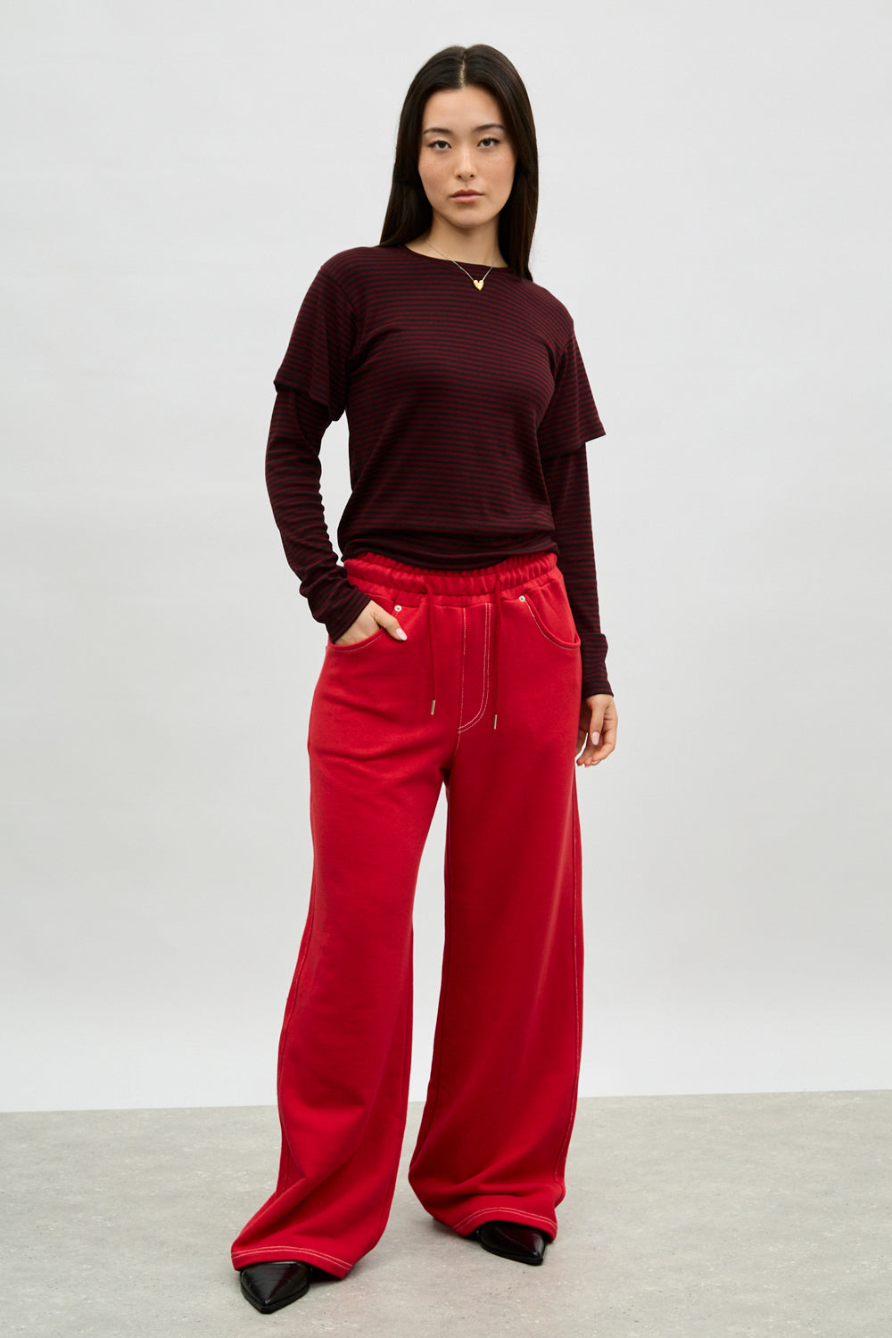 Red contrast stitch wide leg sweat pants_4