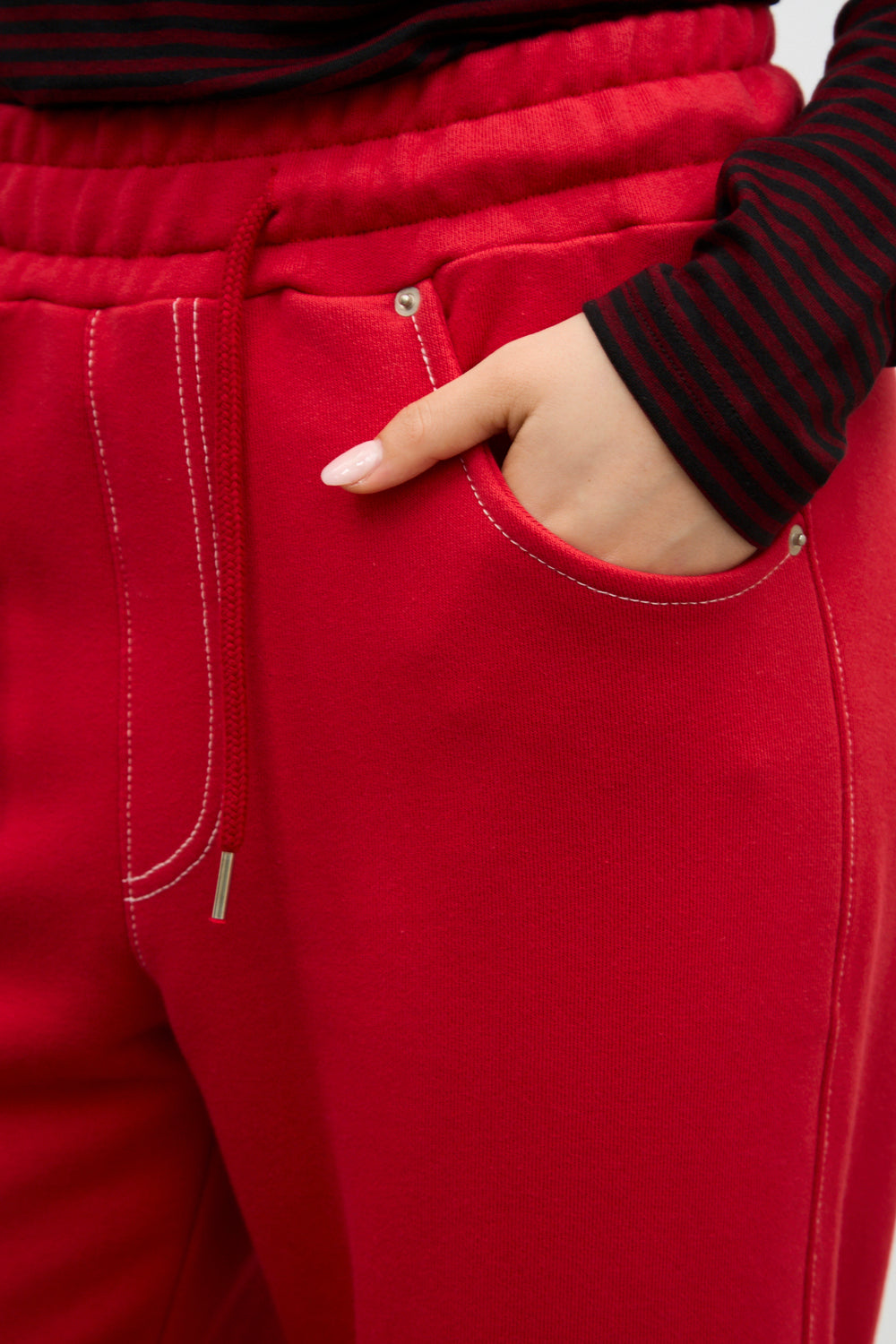 Red contrast stitch wide leg sweat pants_3