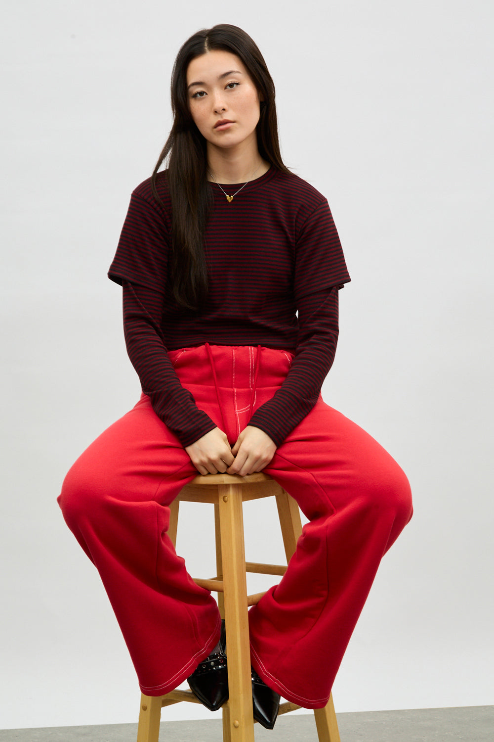 Red contrast stitch wide leg sweat pants_5