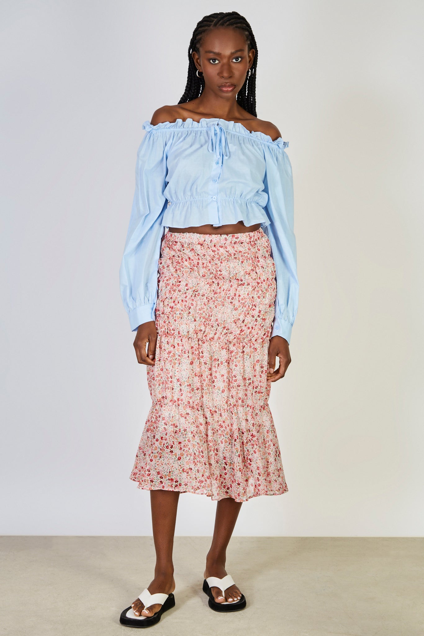 Red floral print ruched maxi skirt_3