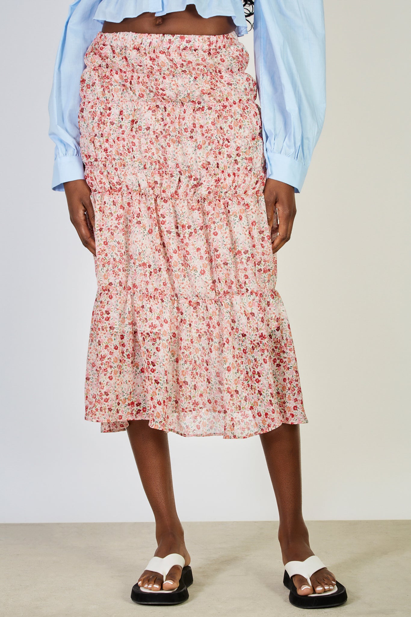 Red floral print ruched maxi skirt_1