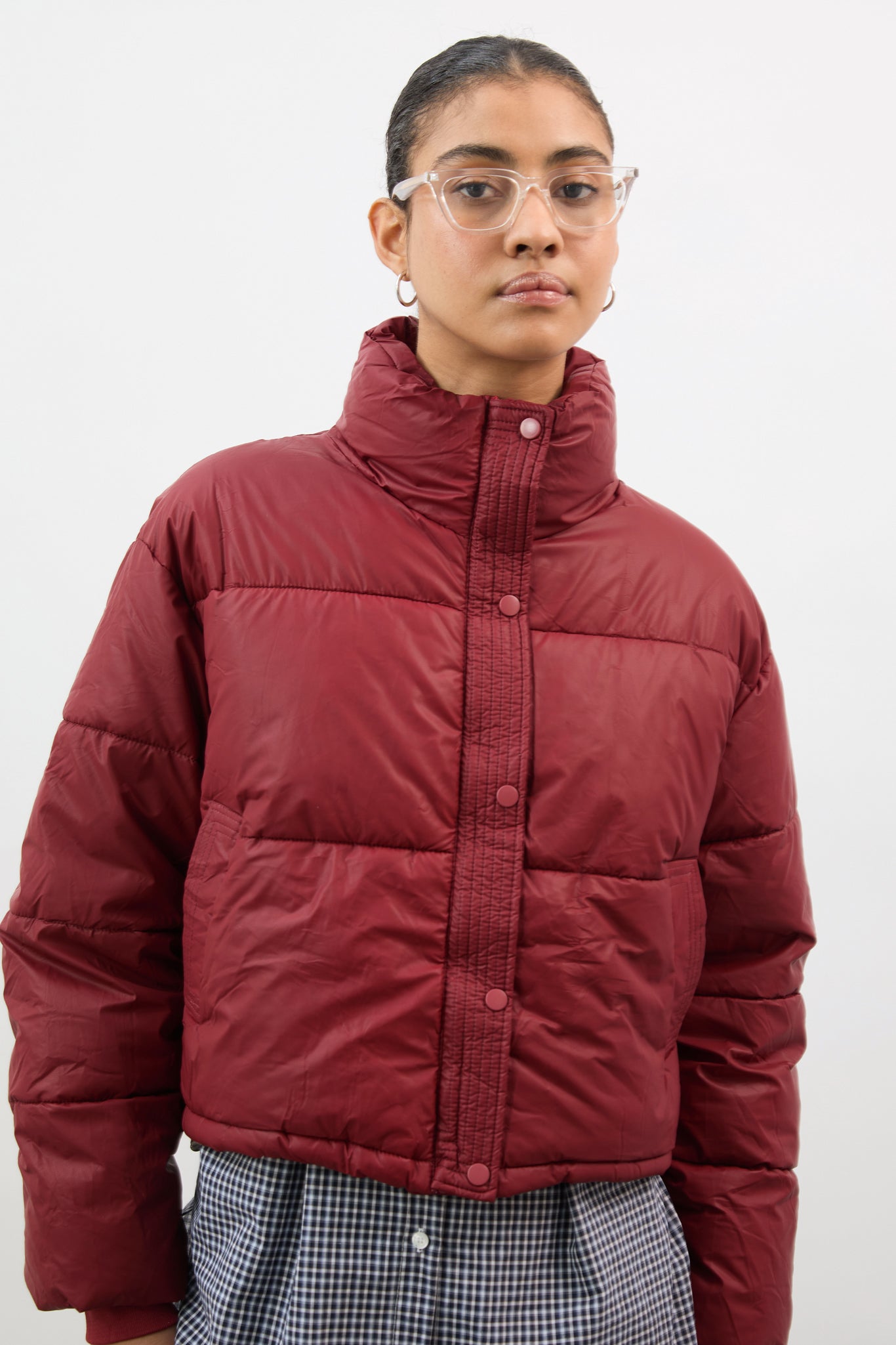 Red funnel neck short puffer coat_1