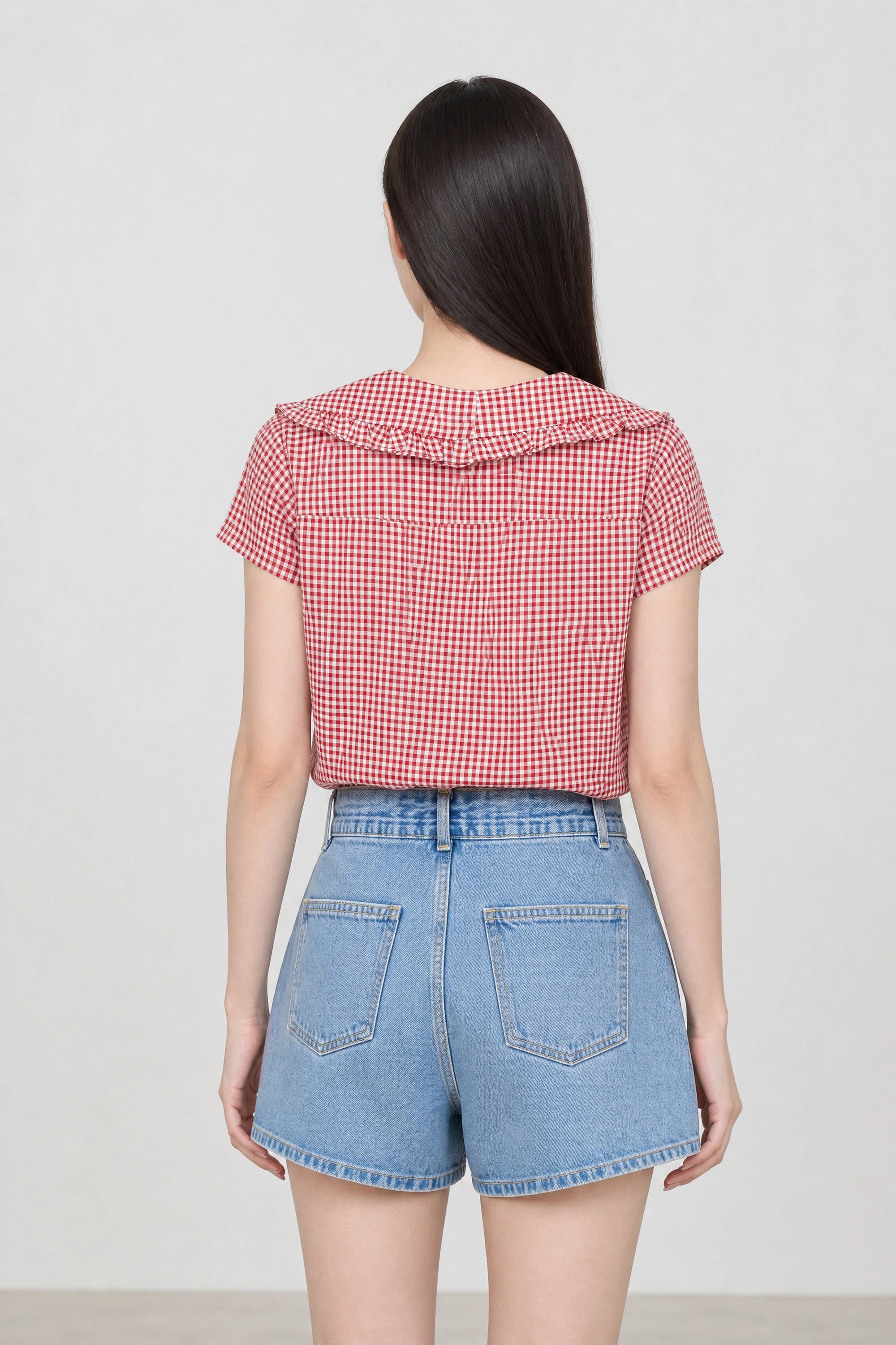 Red gingham ruffle trim giant collar short sleeved shirt_2